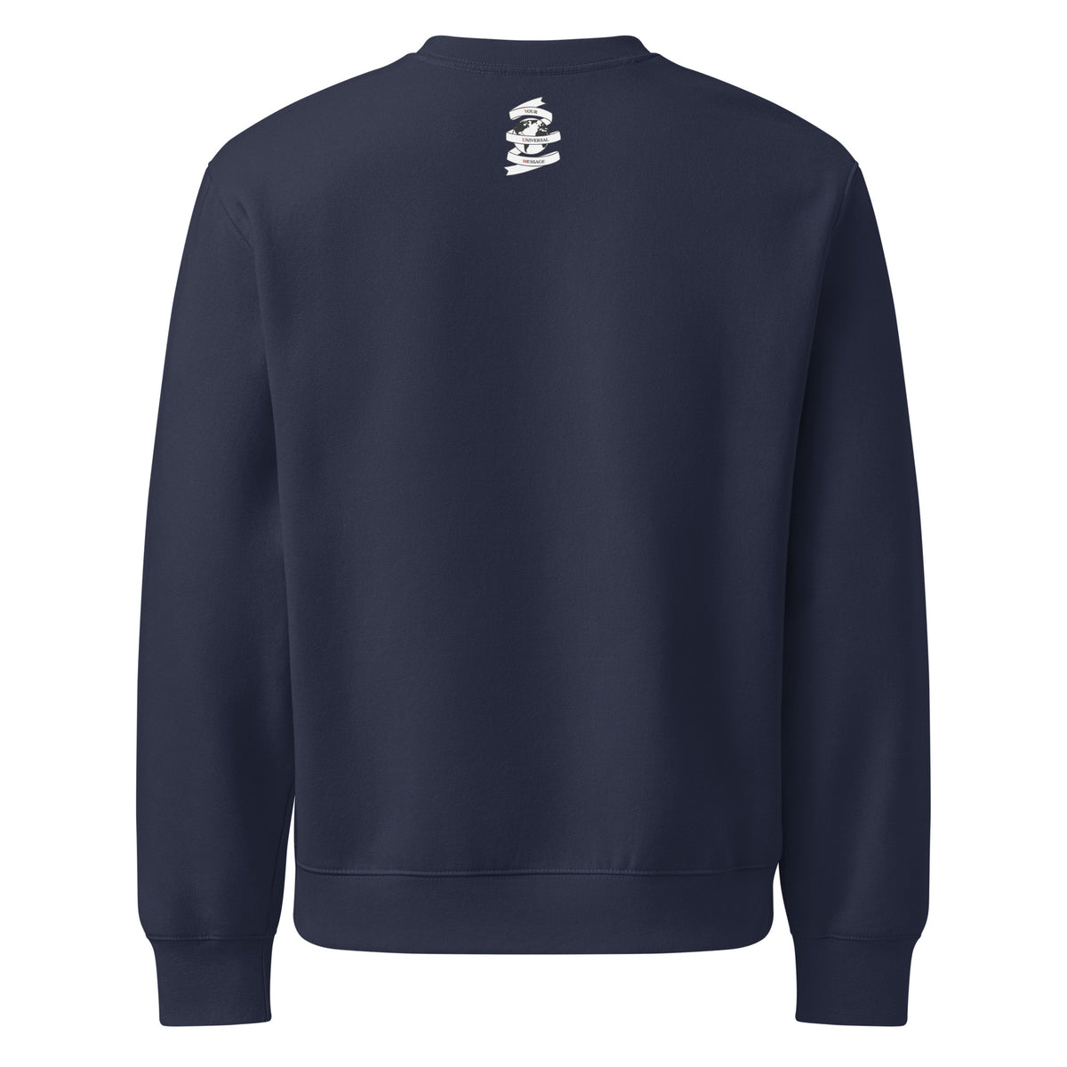 Navy sweatshirt with a white logo on the back against a white background