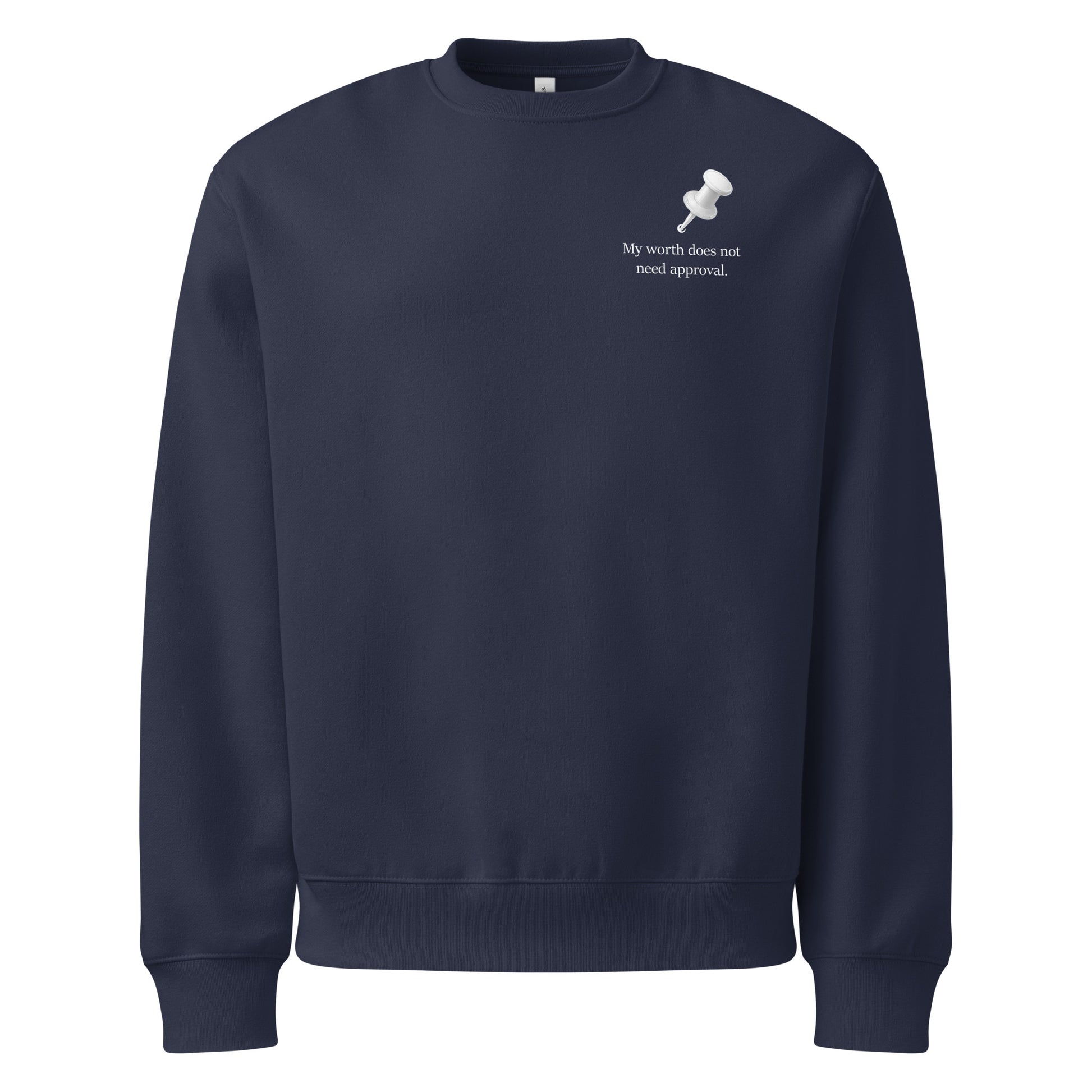 Oversized navy sweatshirt featuring minimalist white statement typography and push pin design