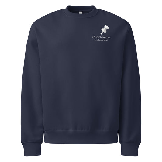 Oversized navy sweatshirt featuring minimalist white statement typography and push pin design