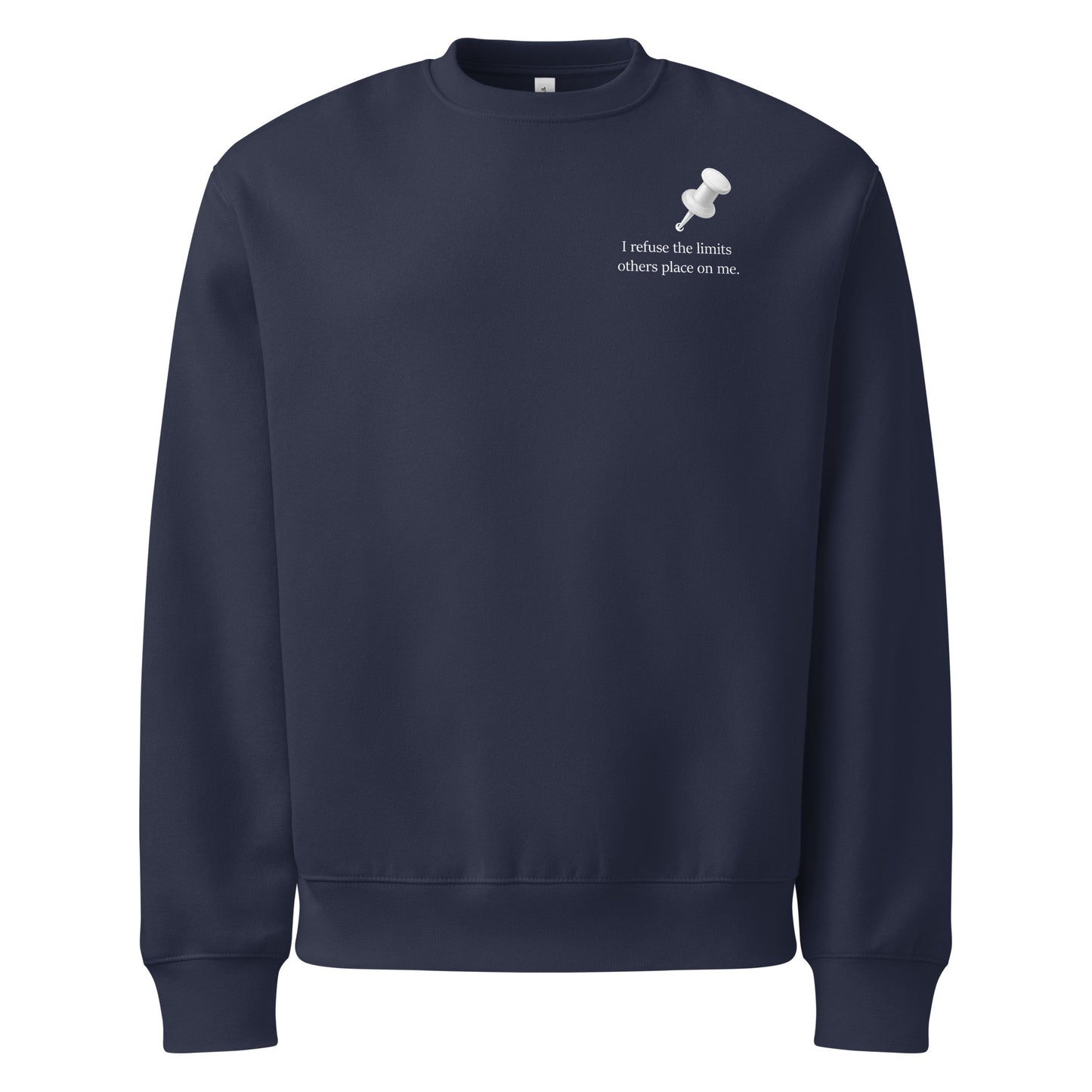 Navy oversized heavyweight sweatshirt with white push pin graphic and motivational slogan front view
