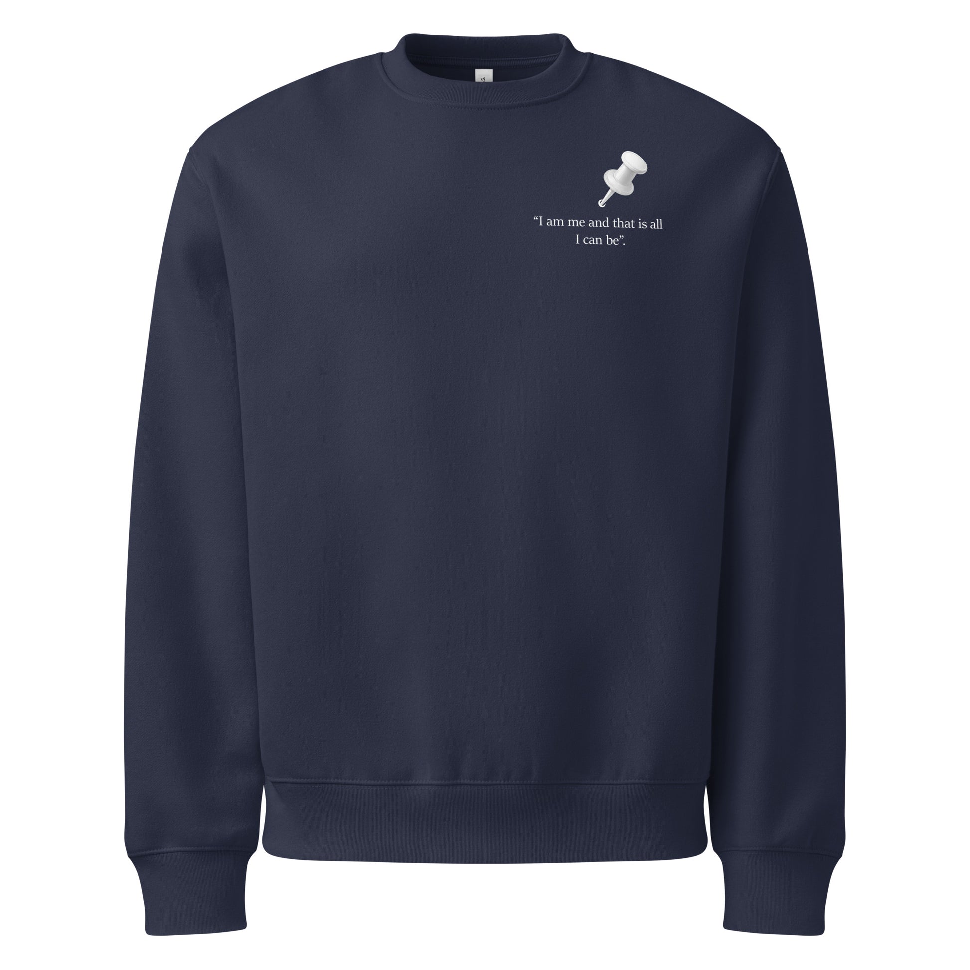 Navy oversized heavyweight sweatshirt with white push pin graphic and motivational slogan front view