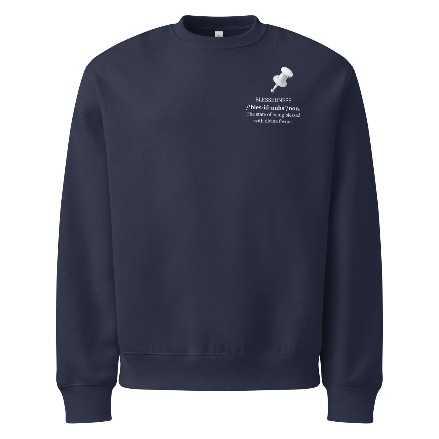 Unisex navy heavyweight crewneck sweatshirt with white statement print