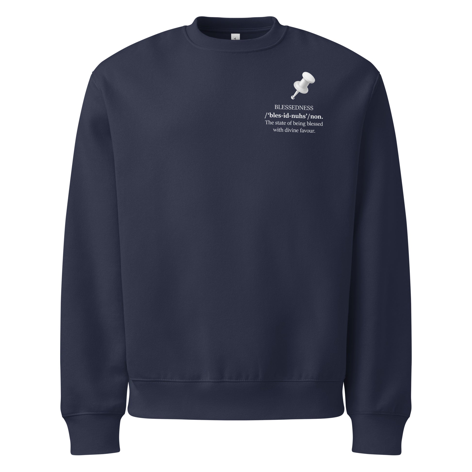 Unisex navy heavyweight crewneck sweatshirt with white statement print