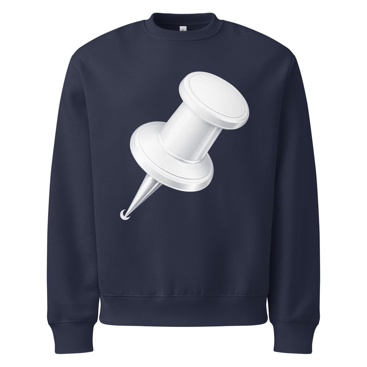 Navy oversized heavyweight sweatshirt featuring large white push pin graphic front view