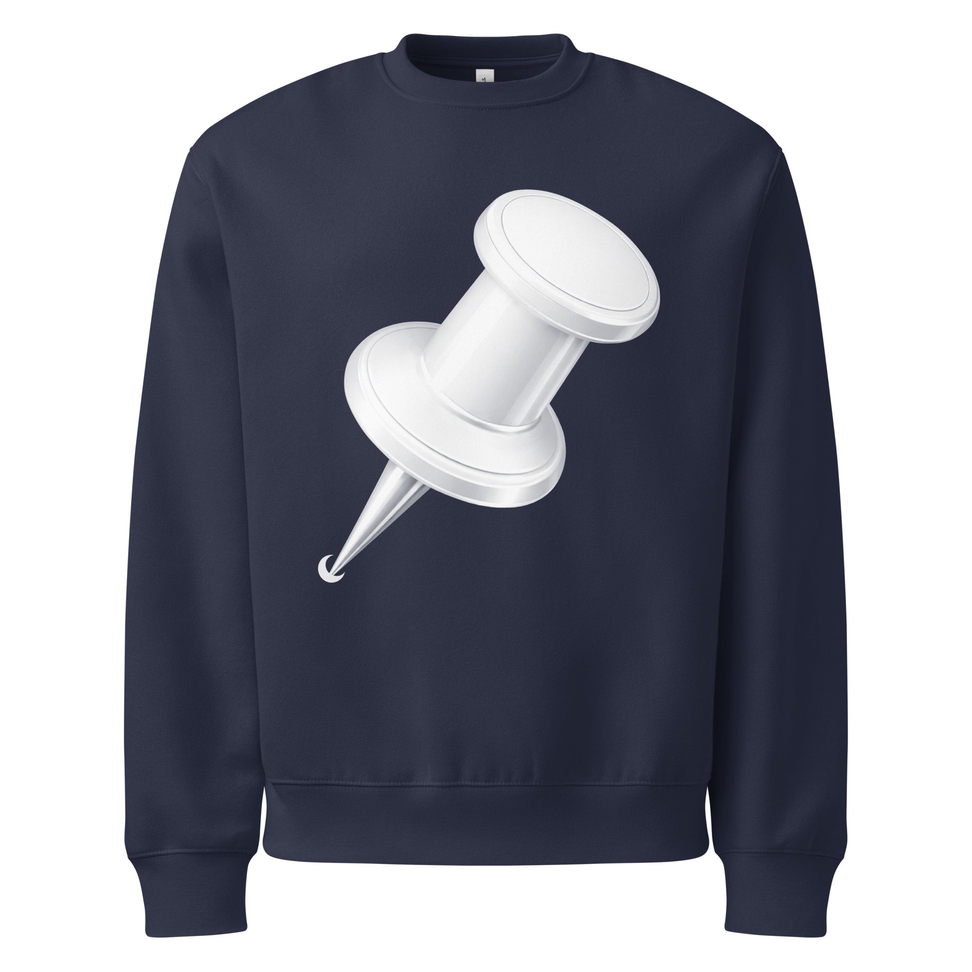 Navy oversized heavyweight sweatshirt featuring large white push pin graphic front view