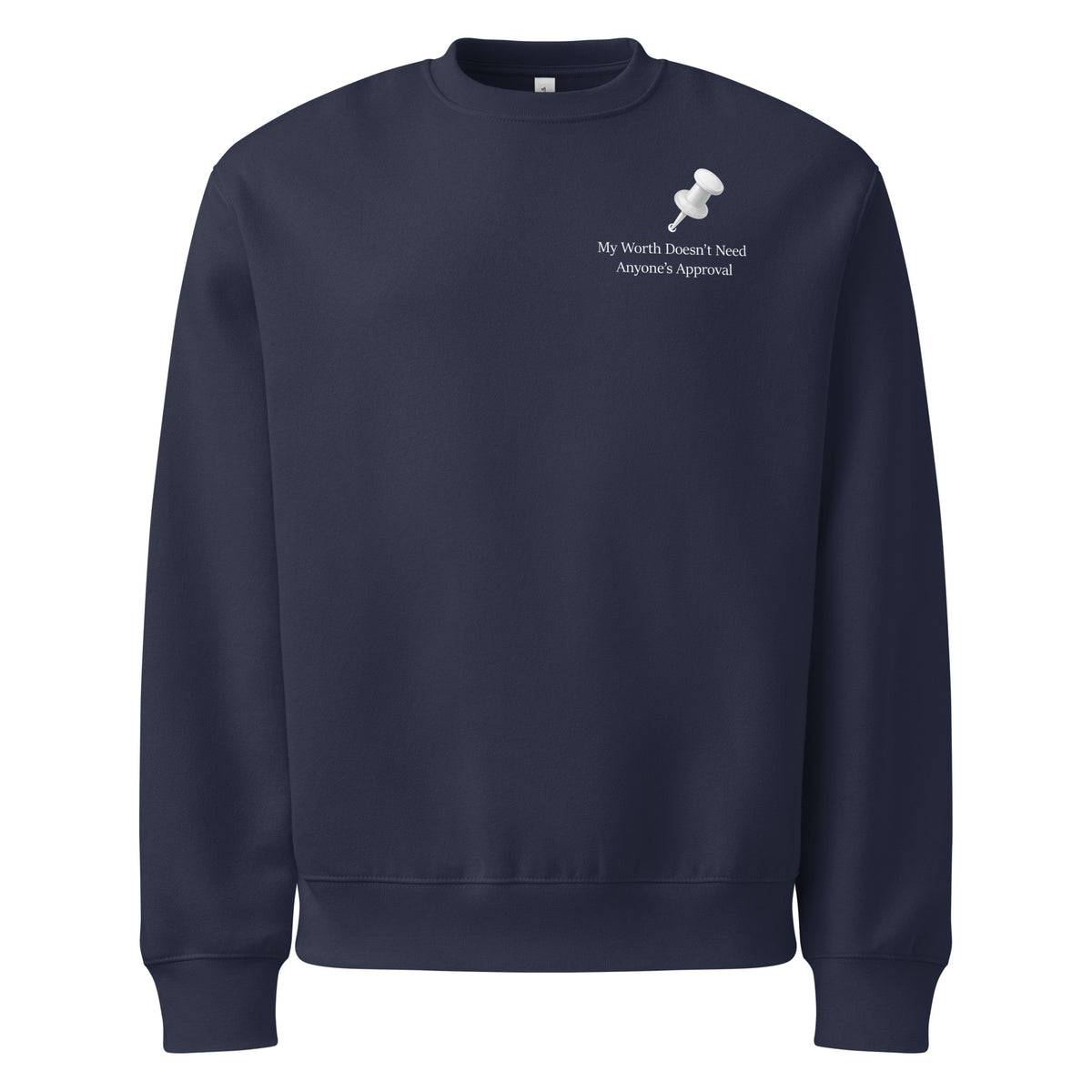 Oversized navy sweatshirt featuring minimalist white statement typography and push pin design