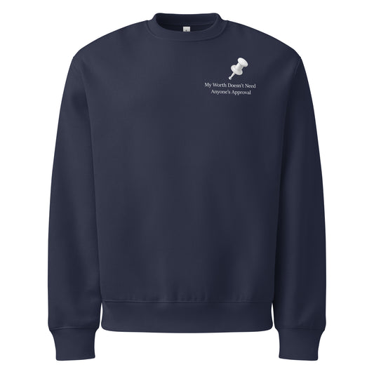 Oversized navy sweatshirt featuring minimalist white statement typography and push pin design