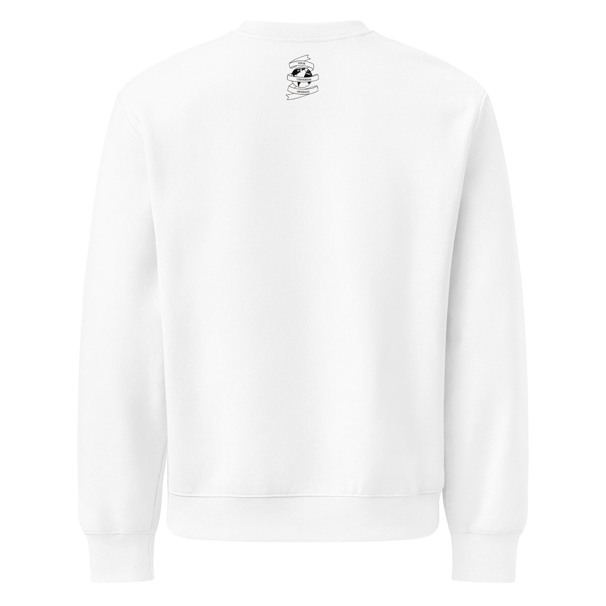 Oversized white sweatshirt back view of brand logo Your Universal Message.