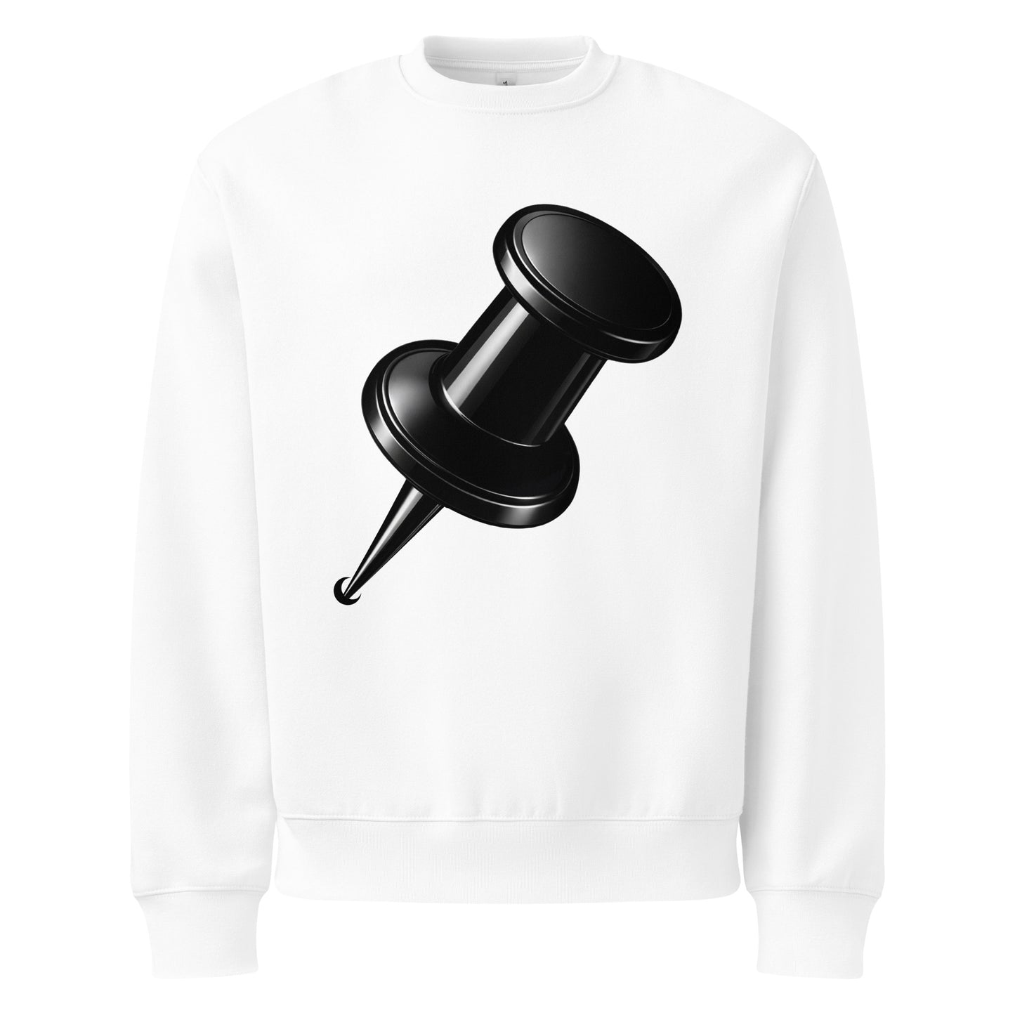 White oversized heavyweight sweatshirt with black push pin graphic front view
