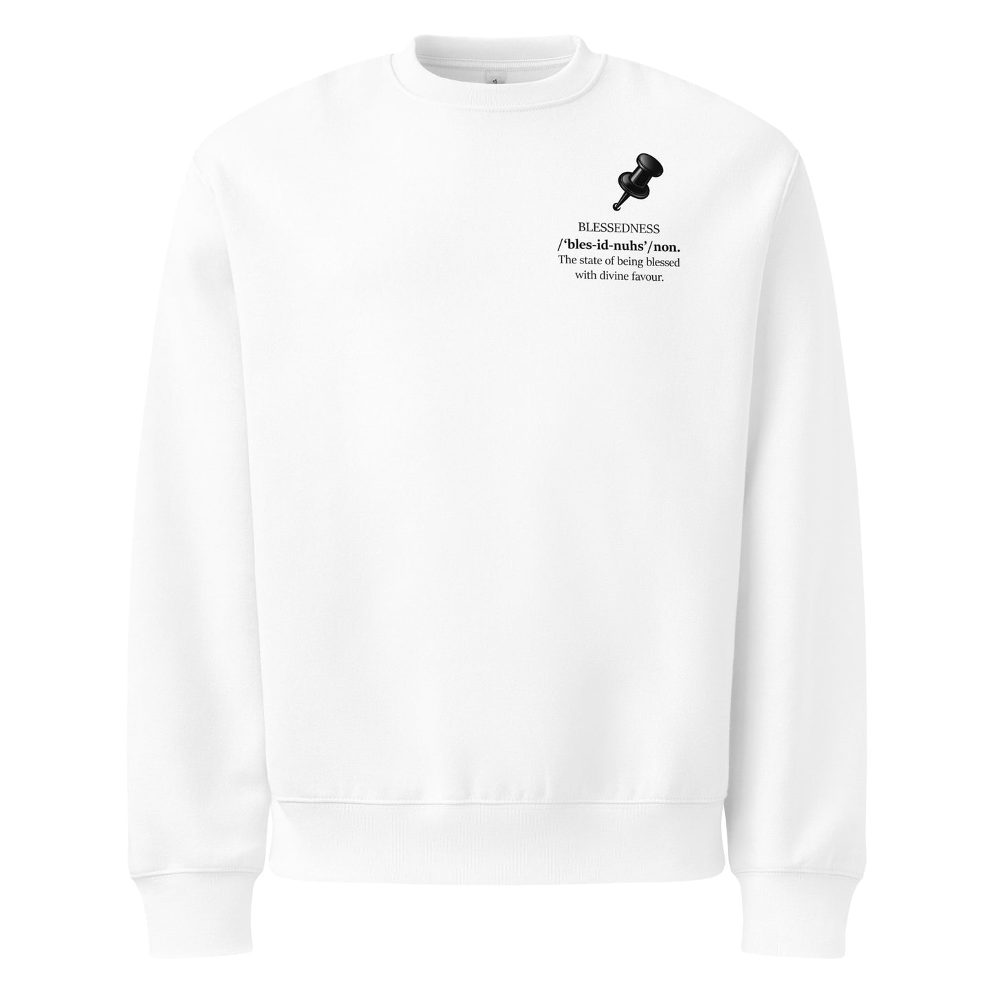 Front view of white oversized heavyweight sweatshirt with “BLESSEDNESS.”,statement and push pin graphic.