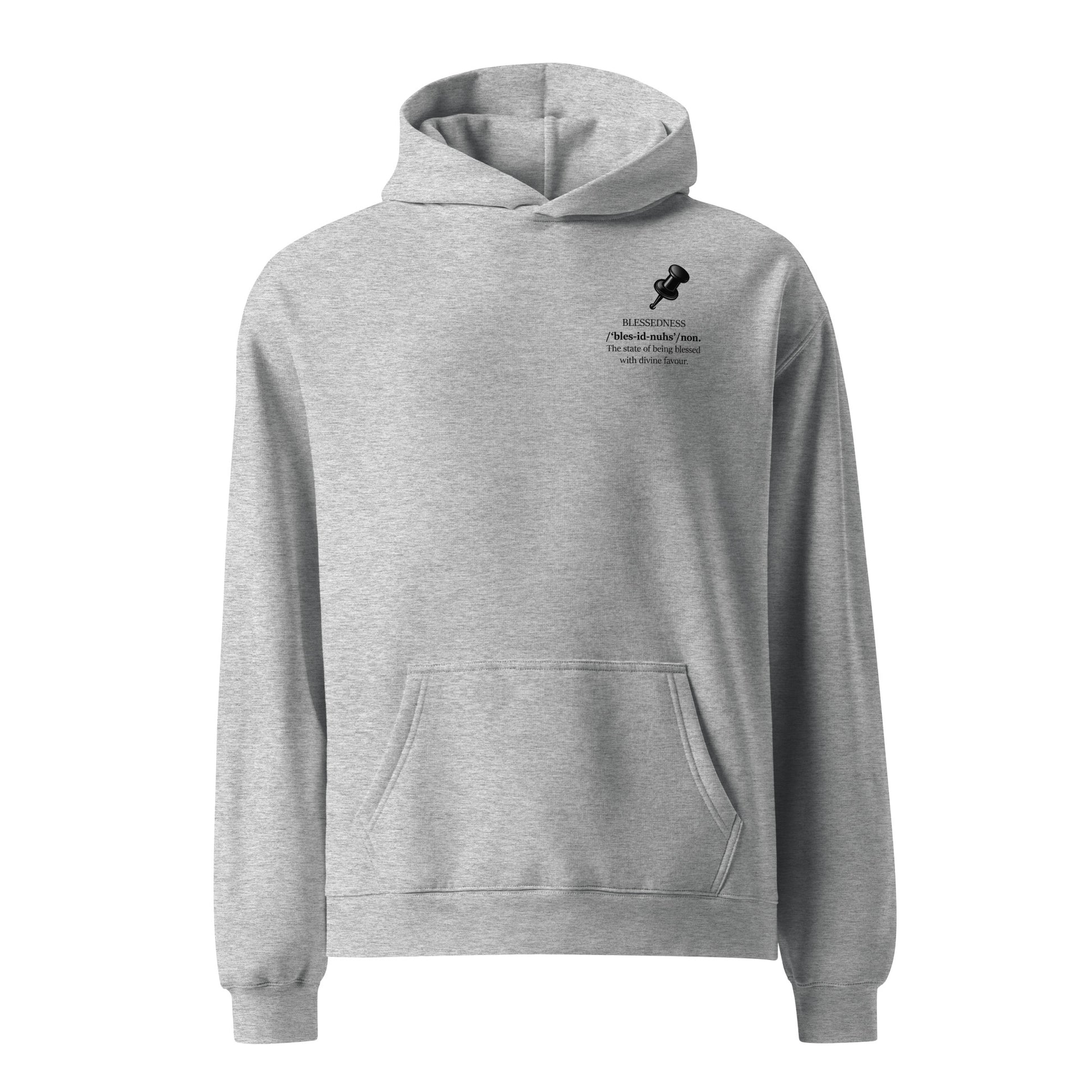 Athletic heather oversized heavyweight hoodie featuring “BLESSEDNESS” slogan front view