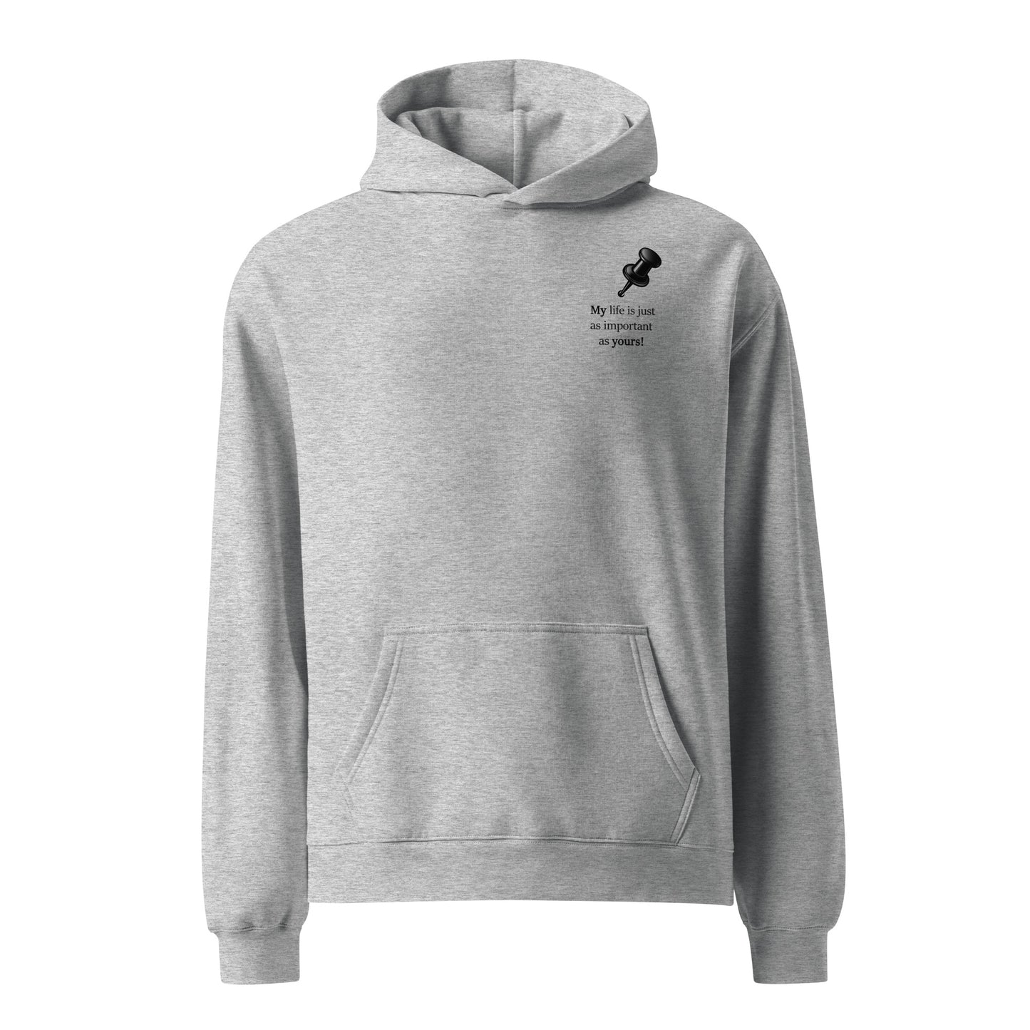 Relaxed fit hoodie with Motivational text and push pin illustration front view