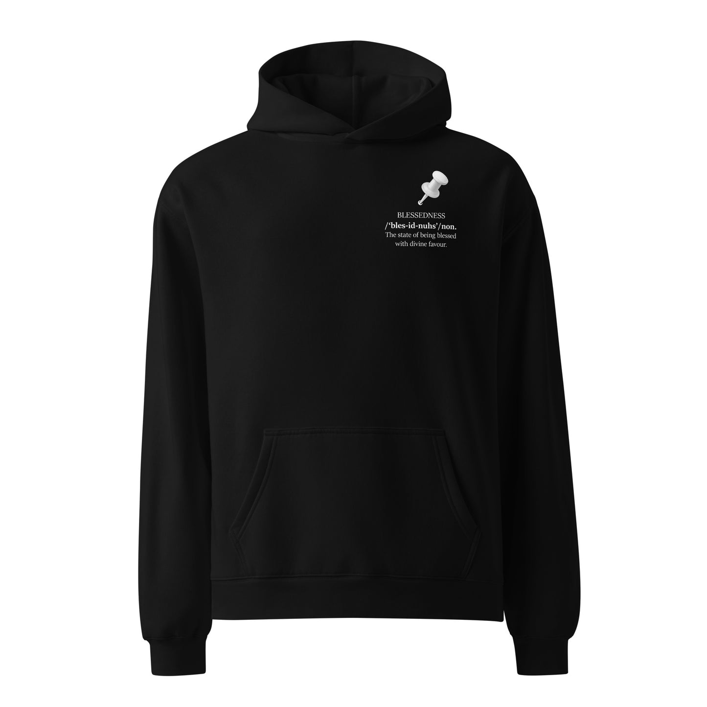 Black oversized heavyweight hoodie featuring “BLESSEDNESS” statement and drawing pin front view