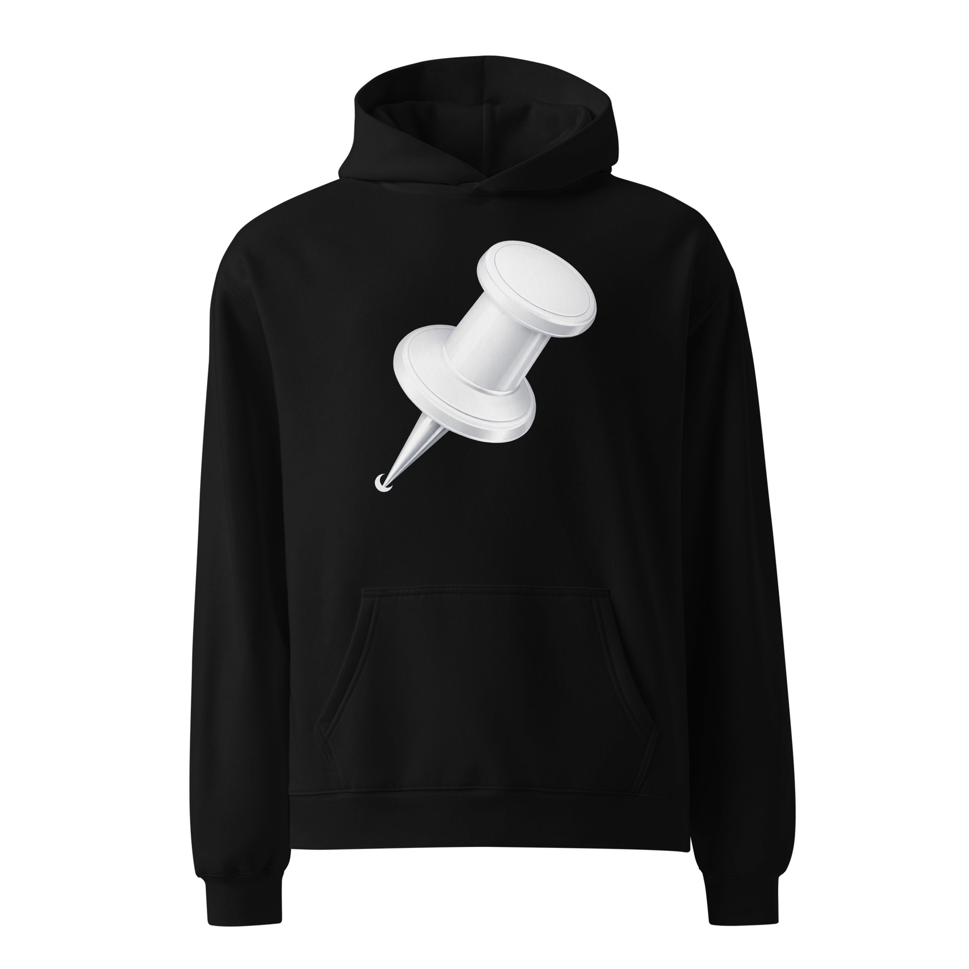 Oversized heavyweight black hoodie with pockets and  a large white push pin design at the front. 