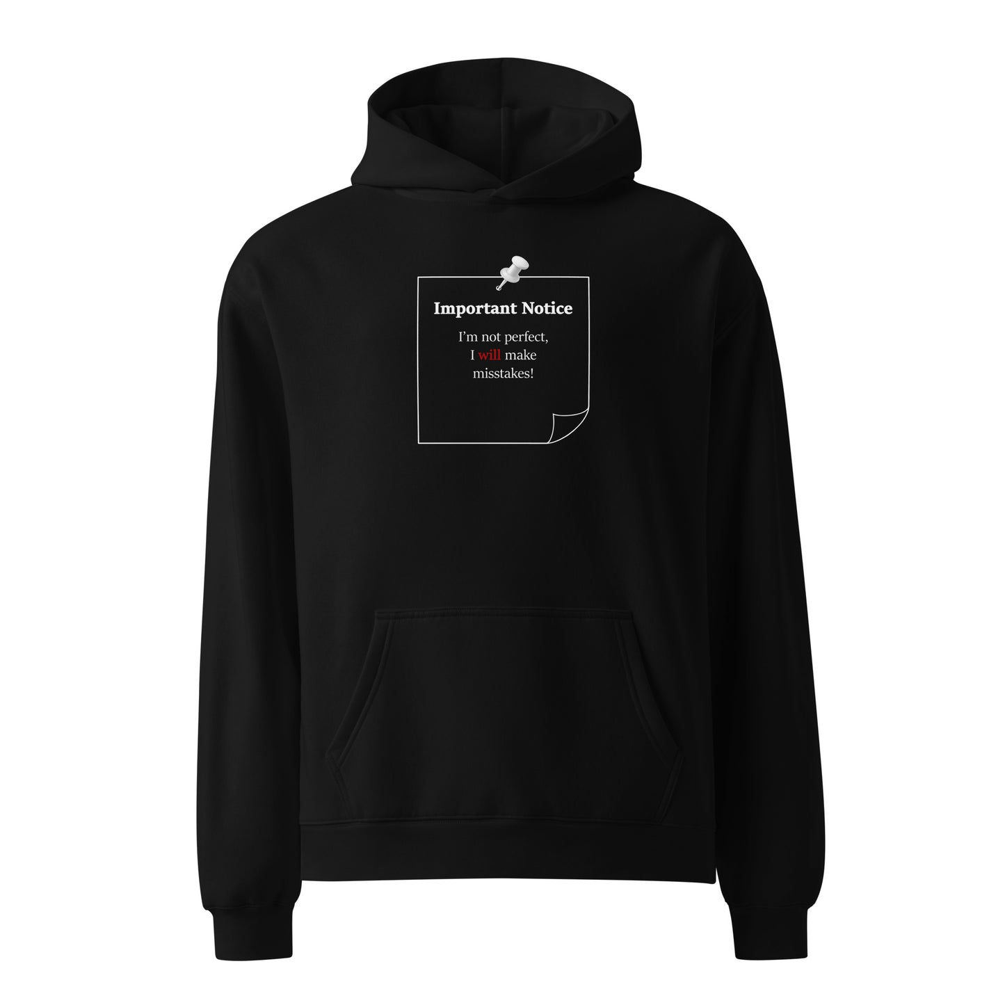 Black Contemporary oversized hoodie with  motivational statement  and note pad design front view