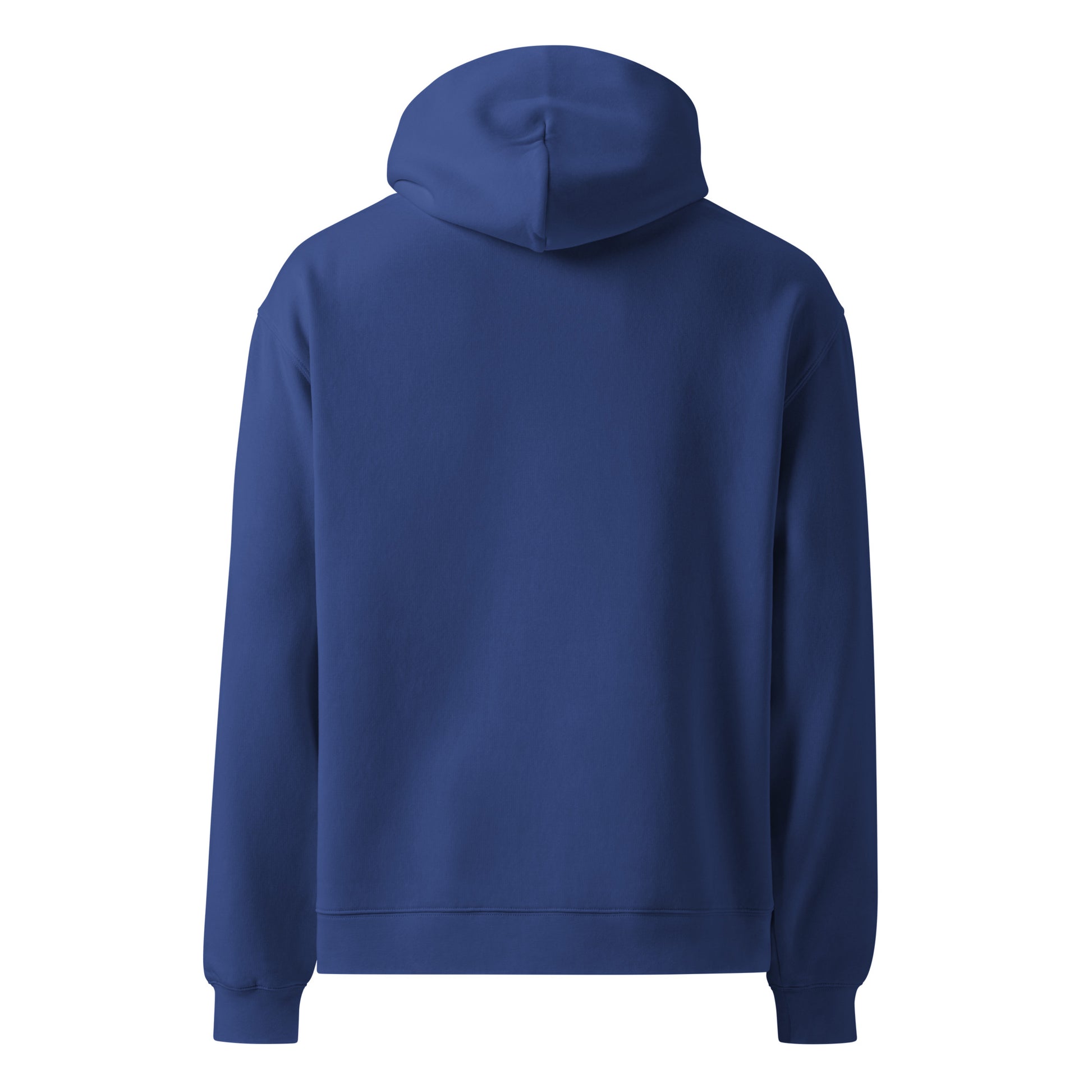 Back view of cobalt blue statement hoodie jumper .