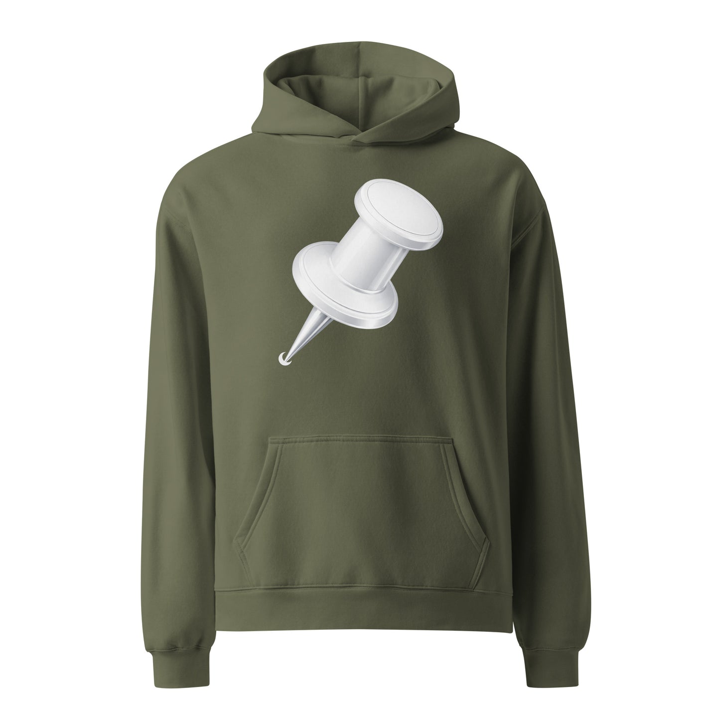 Oversized heavyweight cypress hoodie with pockets and  a large white push pin design at the front. 