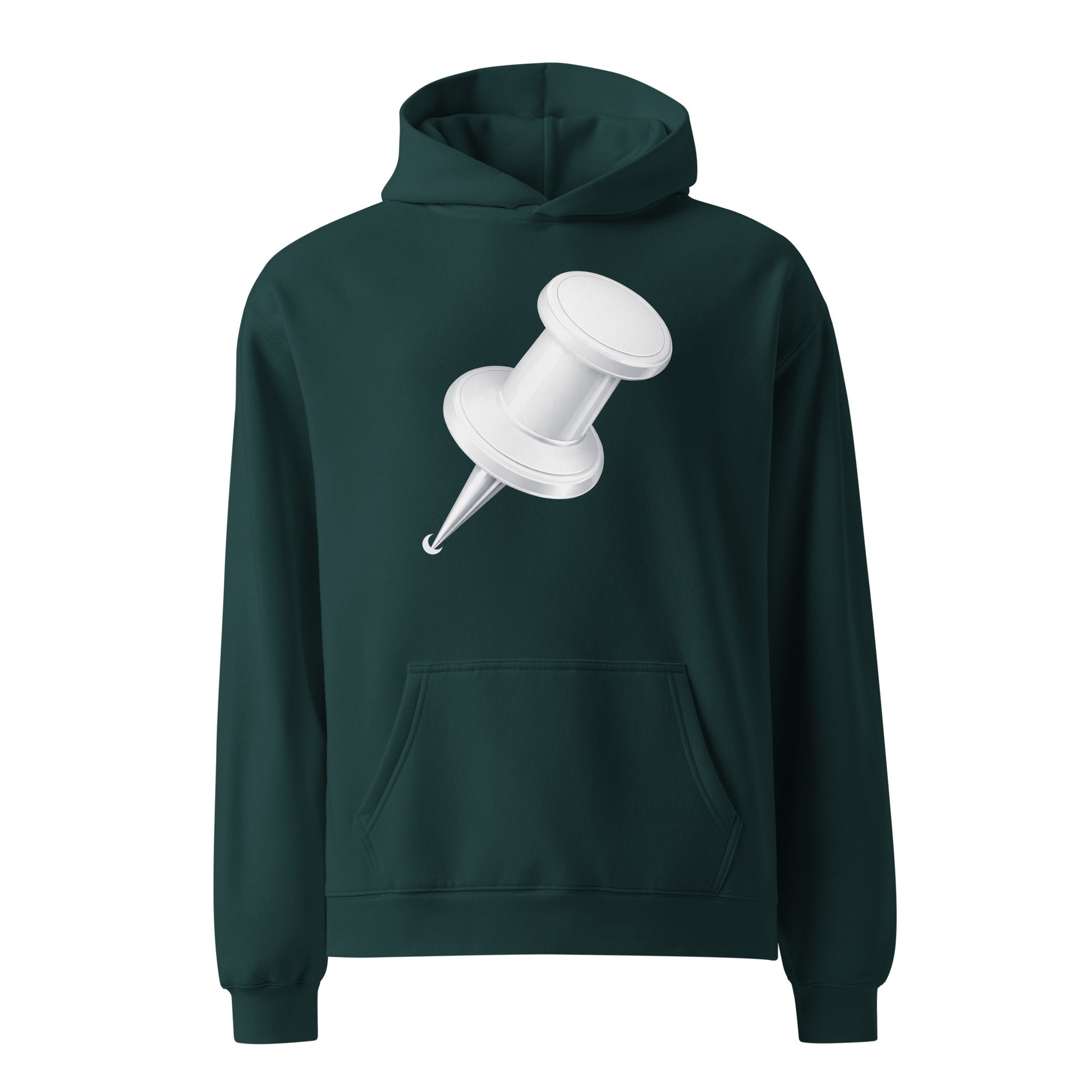 Oversized heavyweight pine green hoodie with pockets and  a large white push pin design at the front. 