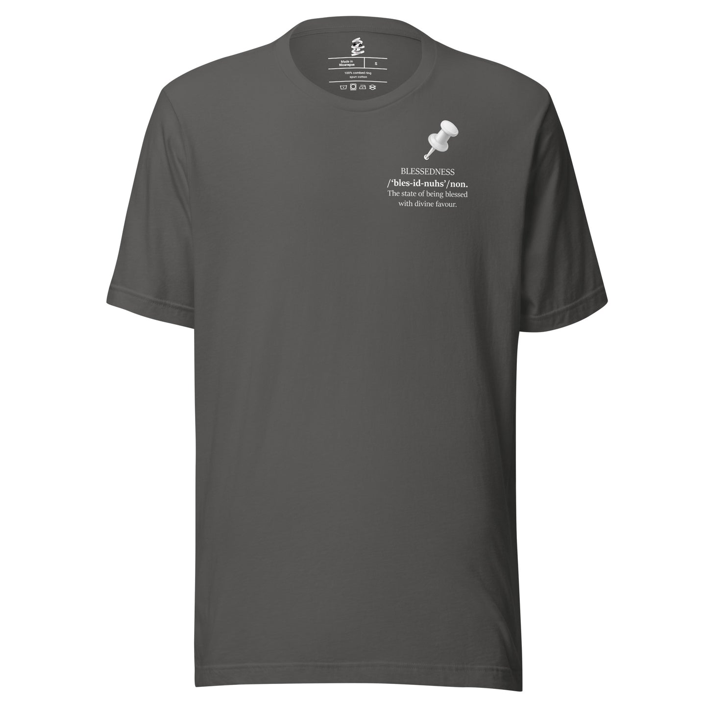 Asphalt unisex inspirational statement T-shirt featuring pushpin graphic design with the message “Blessedness – The state of being blessed with divine favour.”