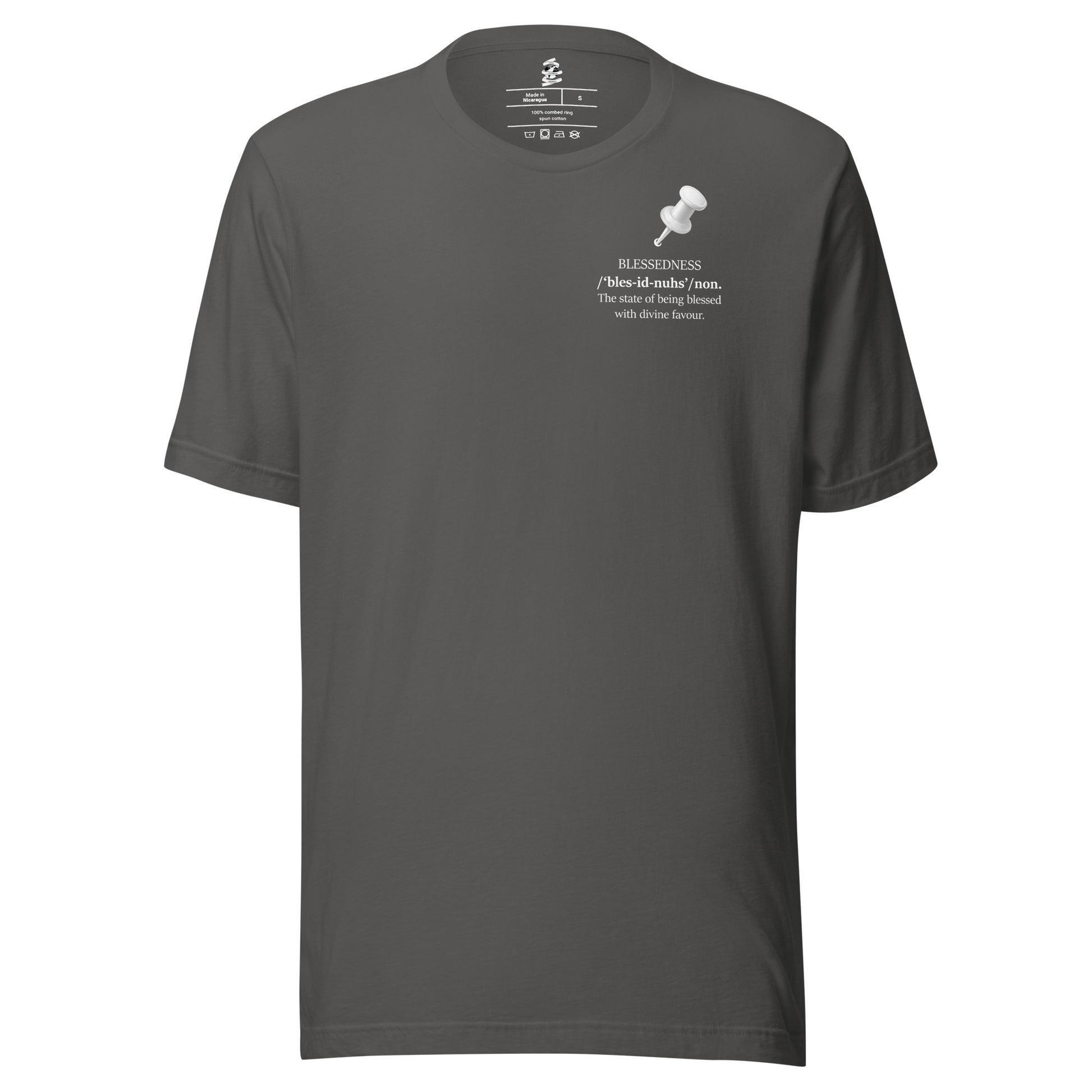 Asphalt unisex inspirational statement T-shirt featuring pushpin graphic design with the message “Blessedness – The state of being blessed with divine favour.”