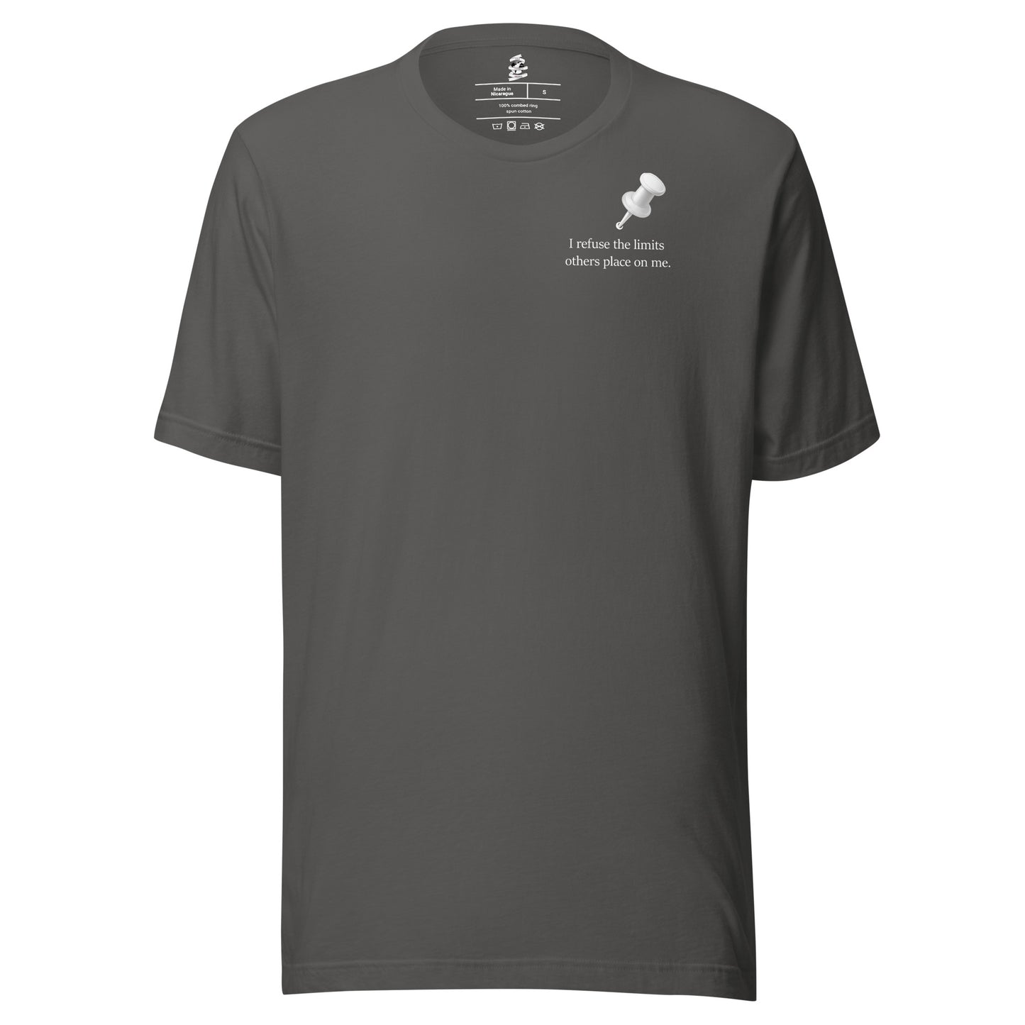 Asphalt unisex inspirational statement T-shirt featuring pushpin graphic design with quote “I refuse the limits others place on me.”
