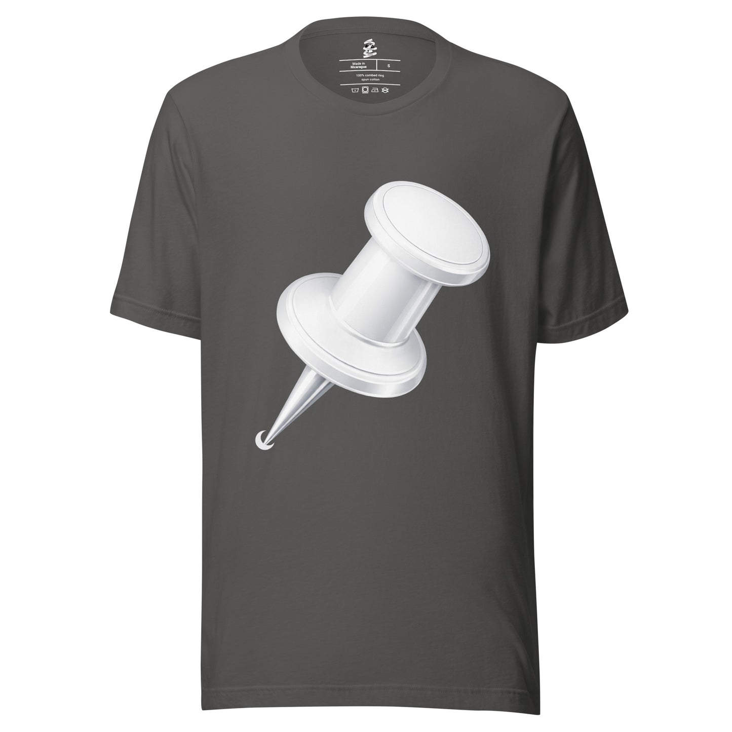 Asphalt unisex cotton crew neck t-shirt featuring minimalist white drawing pin graphic centred on chest