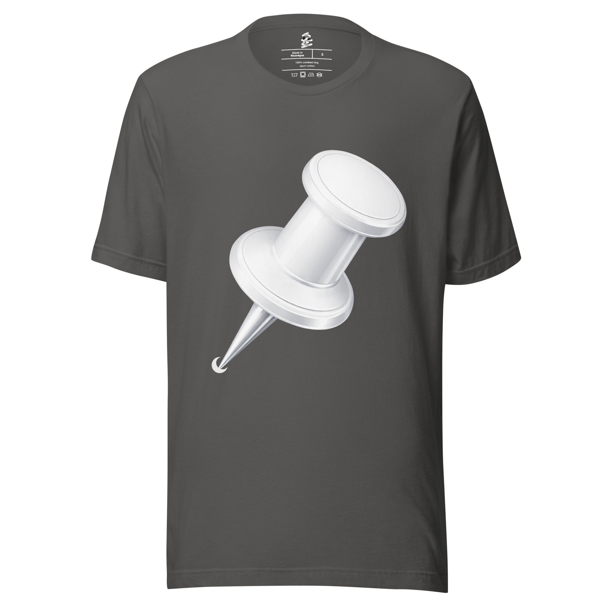 Asphalt unisex cotton crew neck t-shirt featuring minimalist white drawing pin graphic centred on chest