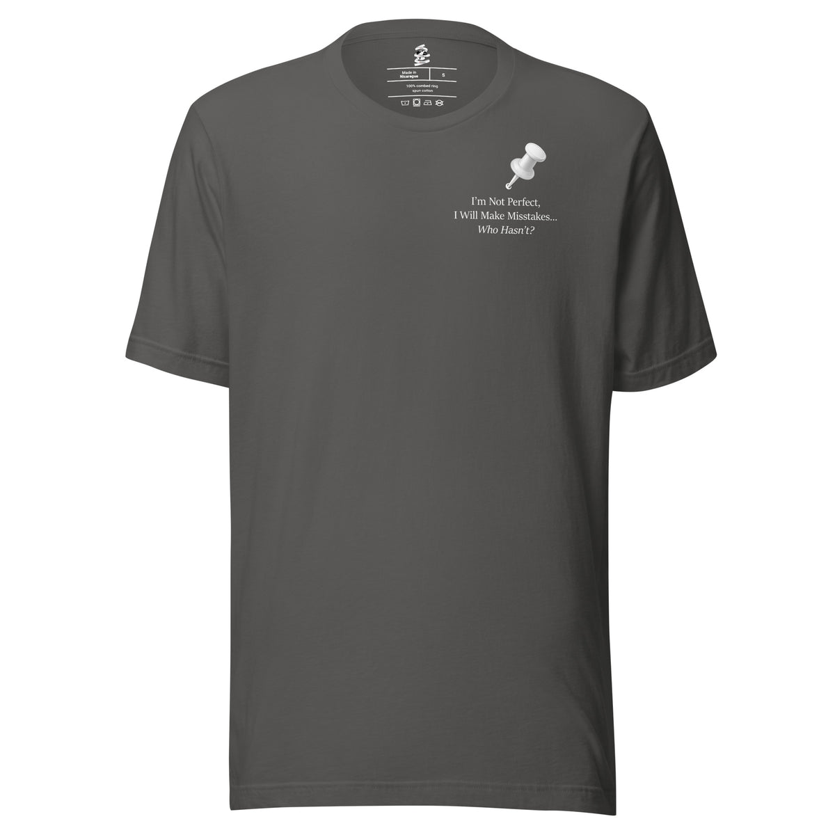 Asphalt unisex inspirational slogan T-shirt featuring pushpin graphic design with quote “Important Notice: I’m not perfect, I will make mistakes.”