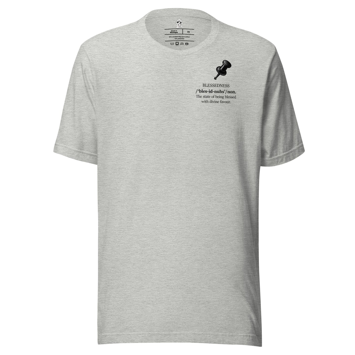 Grey unisex inspirational statement T-shirt featuring pushpin note graphic with the message “Blessedness – The state of being blessed with divine favour.”