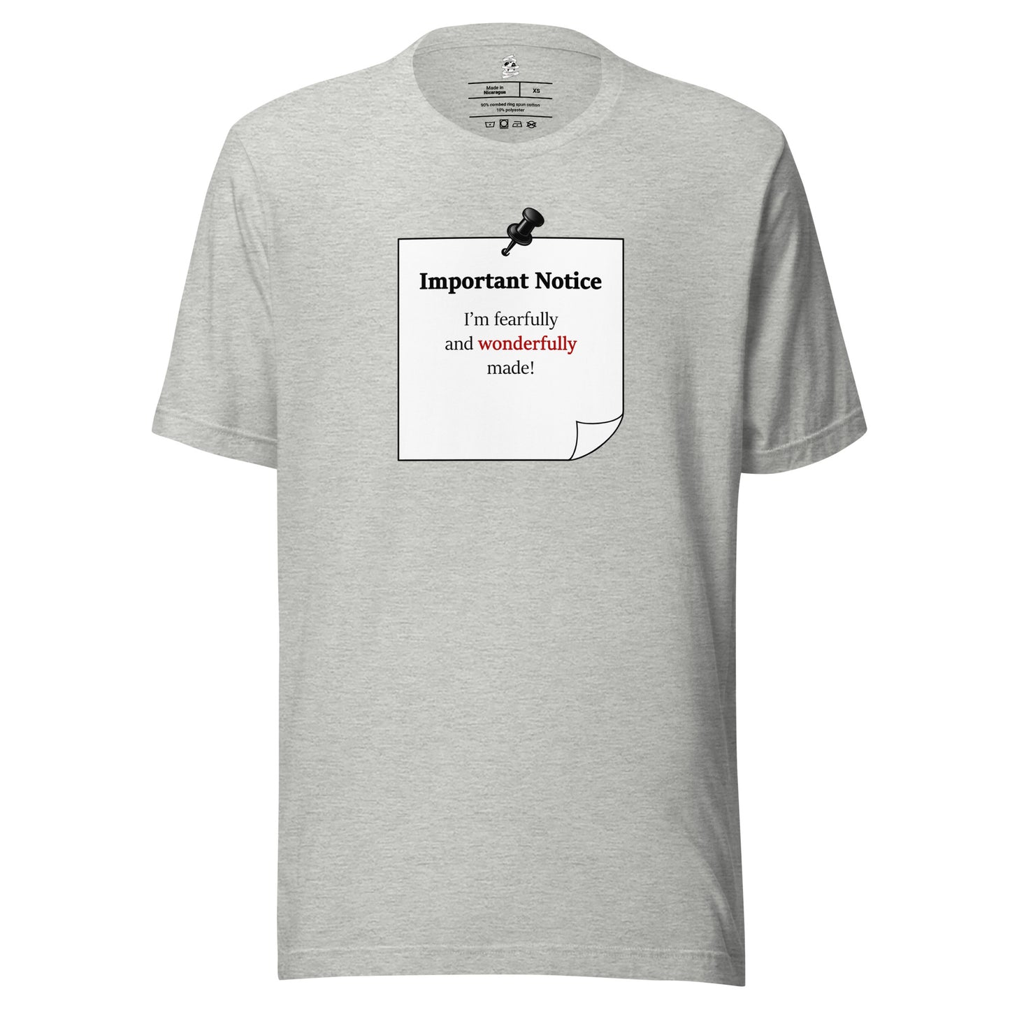 Athletic Heather grey unisex motivational slogan T-shirt featuring pushpin graphic and pinned note with quote “Important Notice: “I am fearfully and wonderfully made, highlighting “wonderfully” In red.