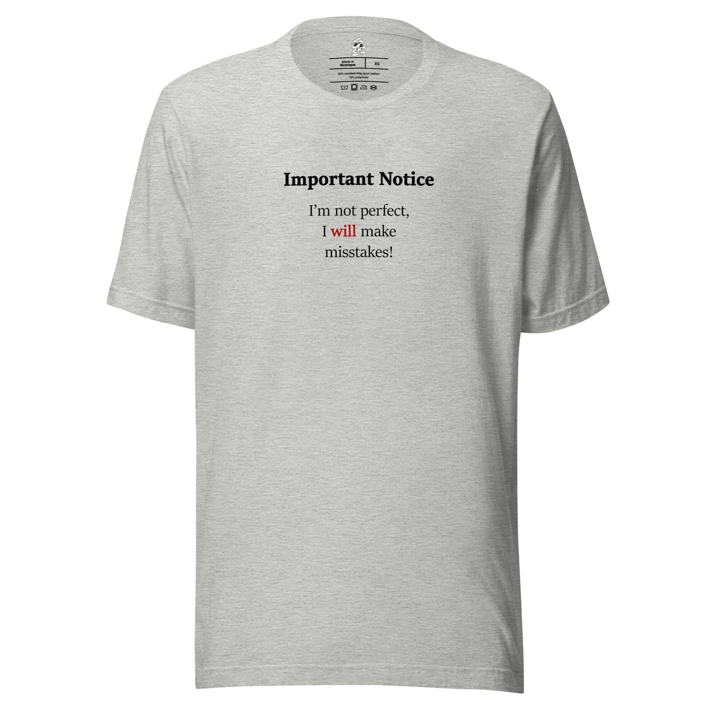 Athletic heather grey unisex motivational slogan T-shirt design featuring the text “I’m not perfect, I will make mistakes,” with the word “will” highlighted in red.