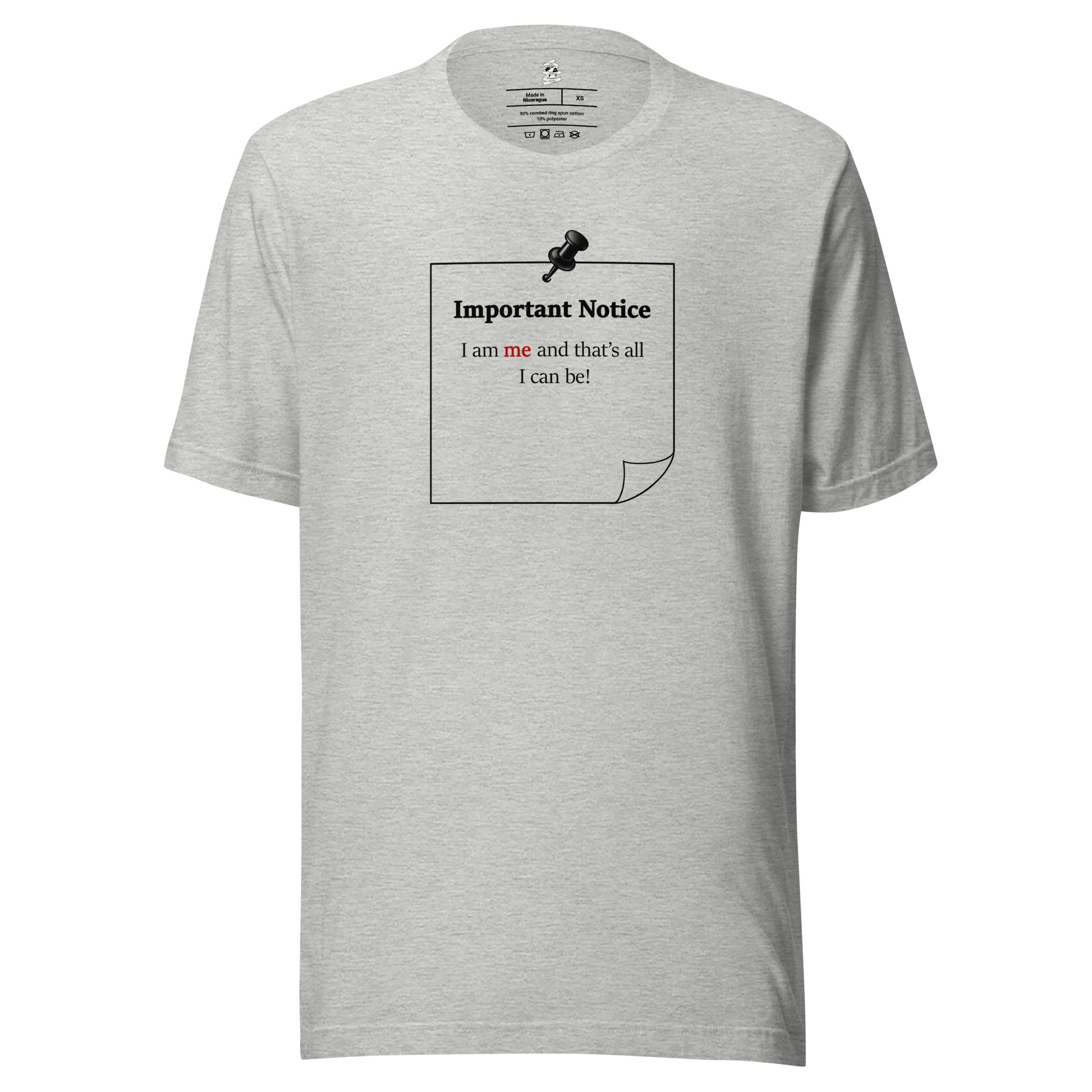 Athletic heather unisex motivational slogan T-shirt design featuring a pushpin note graphic with the quote “I am me and that is all I can be,” with the word “me” highlighted in red.