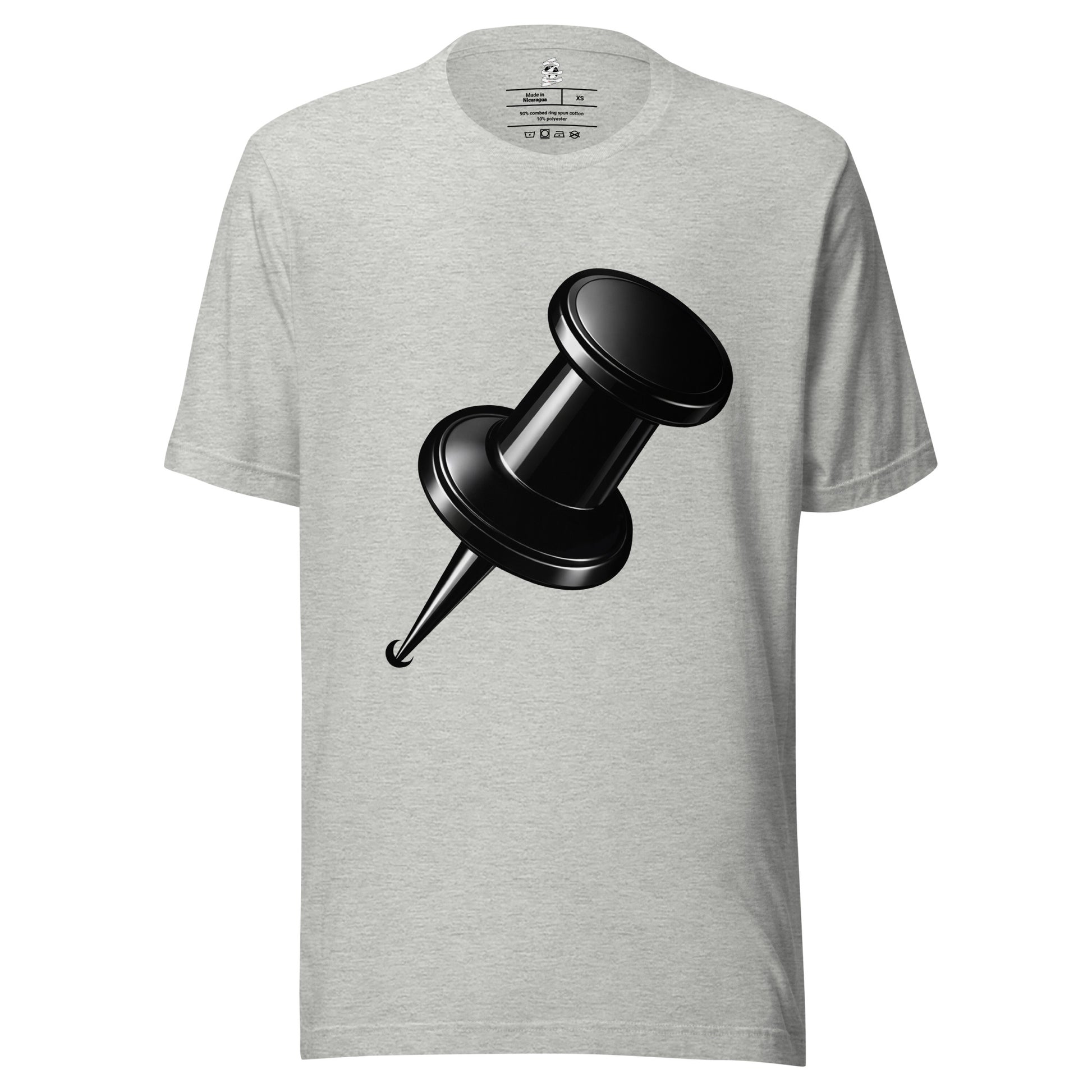 Athletic heather unisex cotton crew neck t-shirt featuring a  black drawing pin graphic design centred on chest