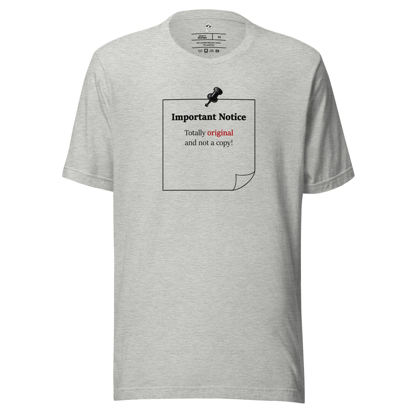 Athletic heather unisex inspirational slogan T-shirt featuring pushpin graphic and pinned note with quote “Totally original and not a copy.”
