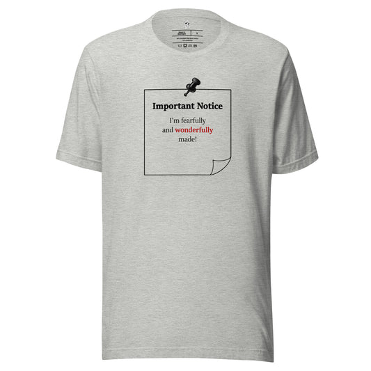 Athletic heather grey unisex inspirational slogan T-shirt featuring pushpin graphic and pinned note with quote “I am fearfully and wonderfully made.”