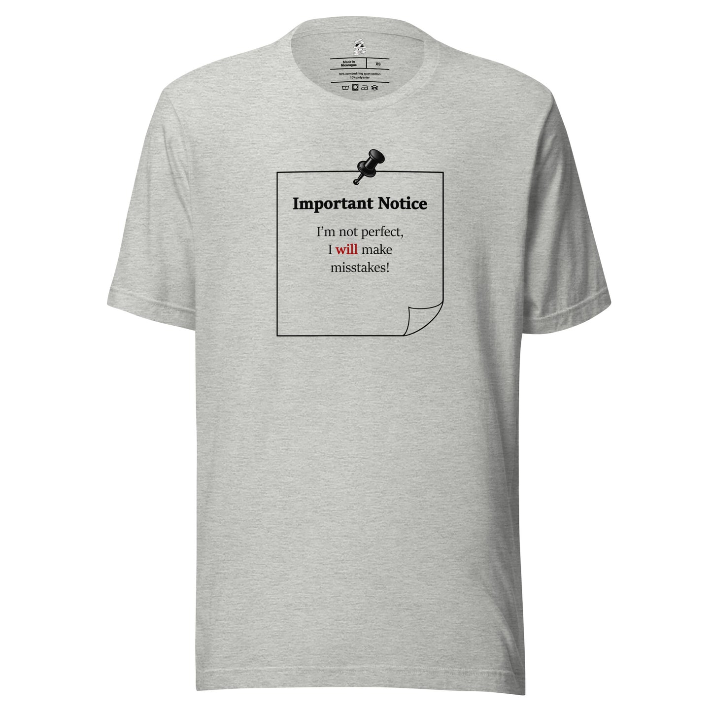 Athletic heather unisex inspirational slogan T-shirt featuring pushpin graphic and pinned note with quote “Important Notice: I’m not perfect, I will make mistakes.”