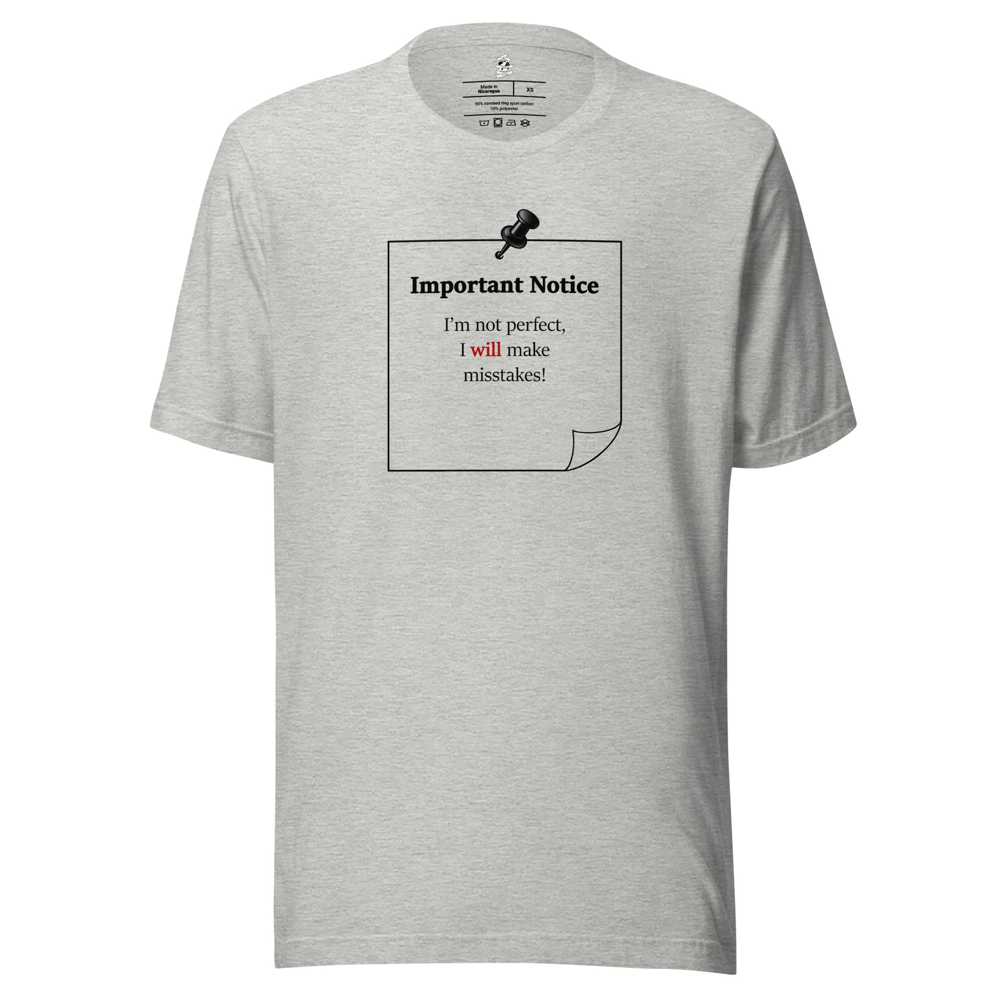 Athletic heather unisex inspirational slogan T-shirt featuring pushpin graphic and pinned note with quote “Important Notice: I’m not perfect, I will make mistakes.”