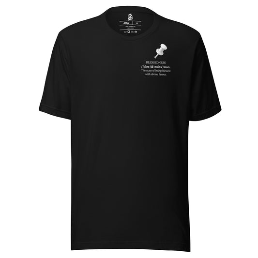 Black unisex inspirational statement T-shirt featuring pushpin graphic design with the message “Blessedness – The state of being blessed with divine favour.”