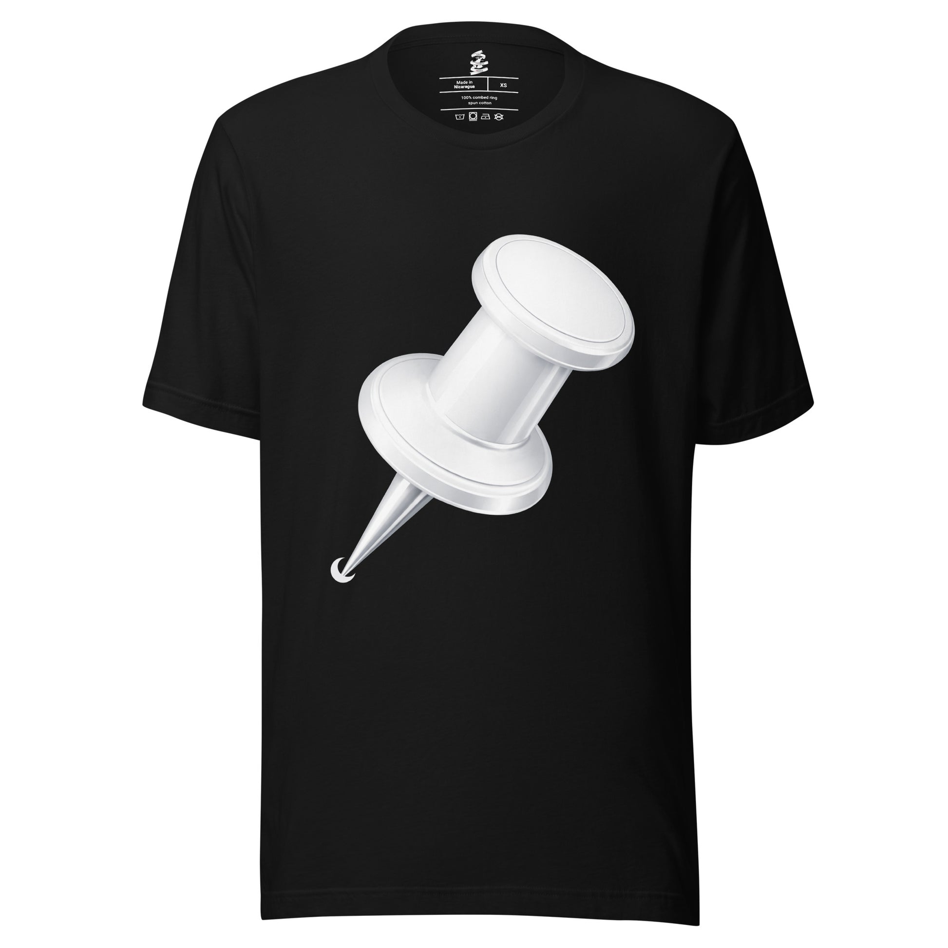 Black unisex cotton crew neck t-shirt featuring minimalist white drawing pin graphic centred on chest