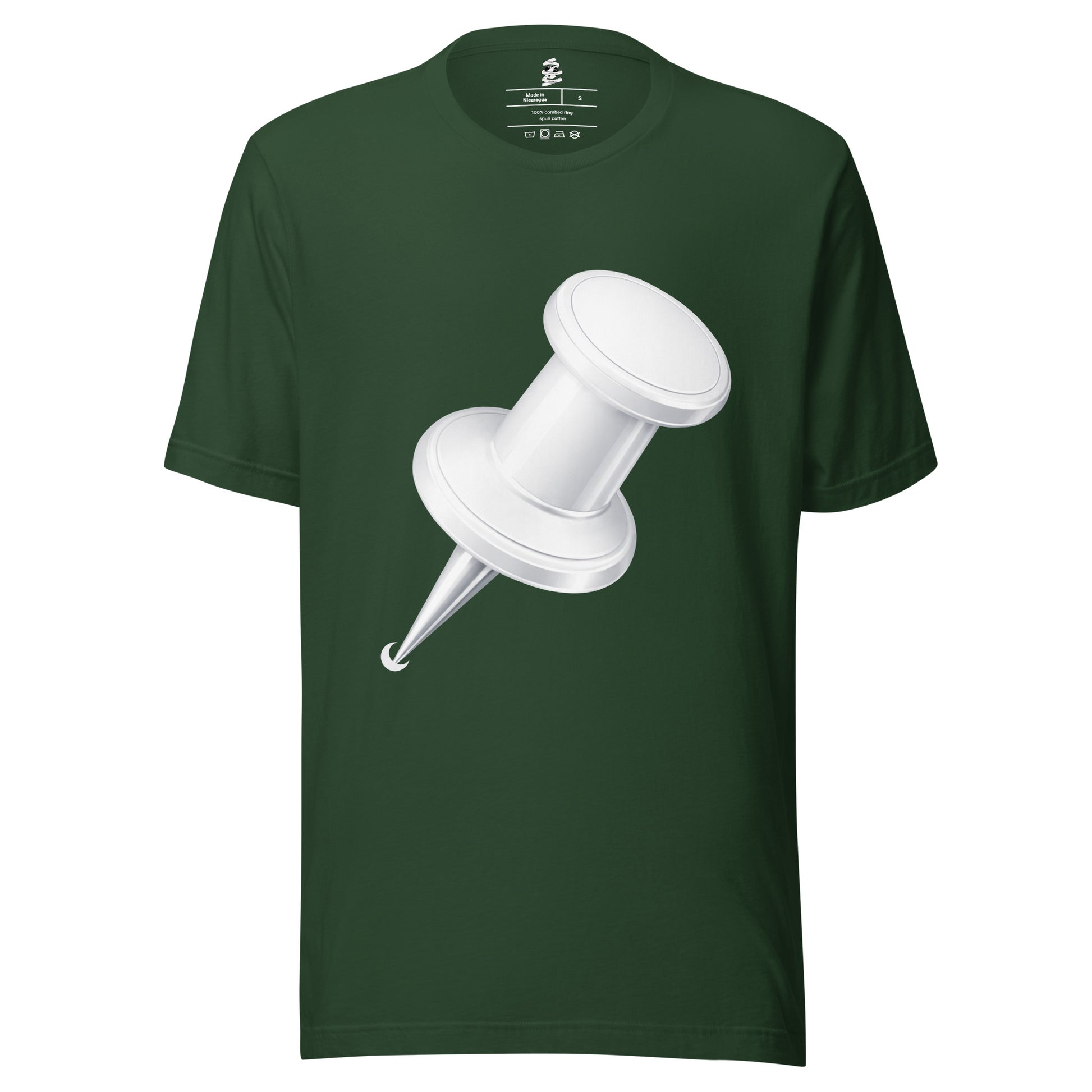 Forest unisex cotton crew neck t-shirt featuring minimalist white drawing pin graphic centred on chest