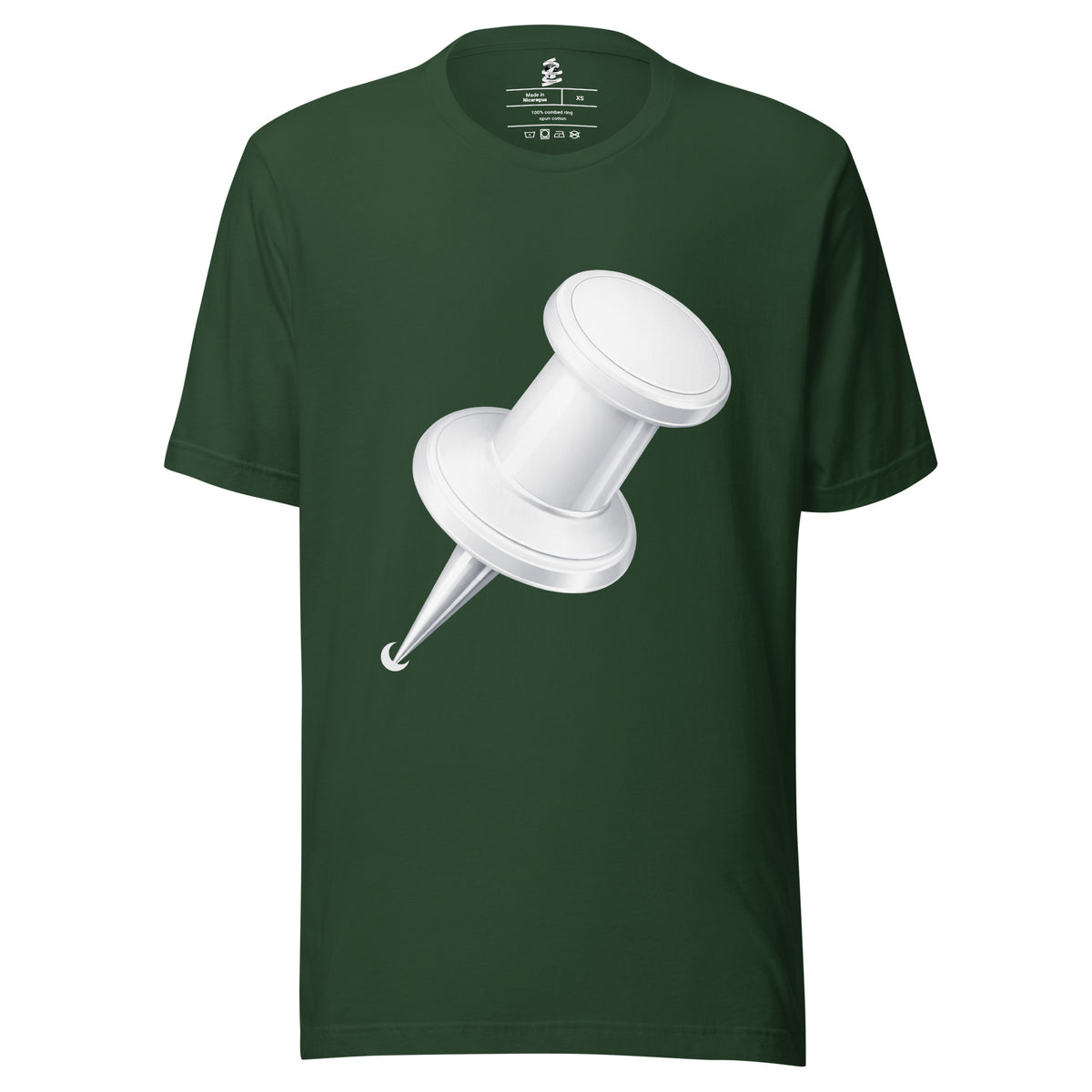 Forest green men’s crew neck T-shirt with large white drawing pin graphic on the front