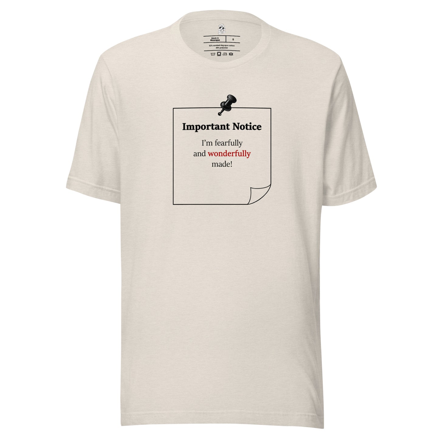Heather dust unisex inspirational slogan T-shirt featuring pushpin graphic and pinned note with quote “I am fearfully and wonderfully made.”