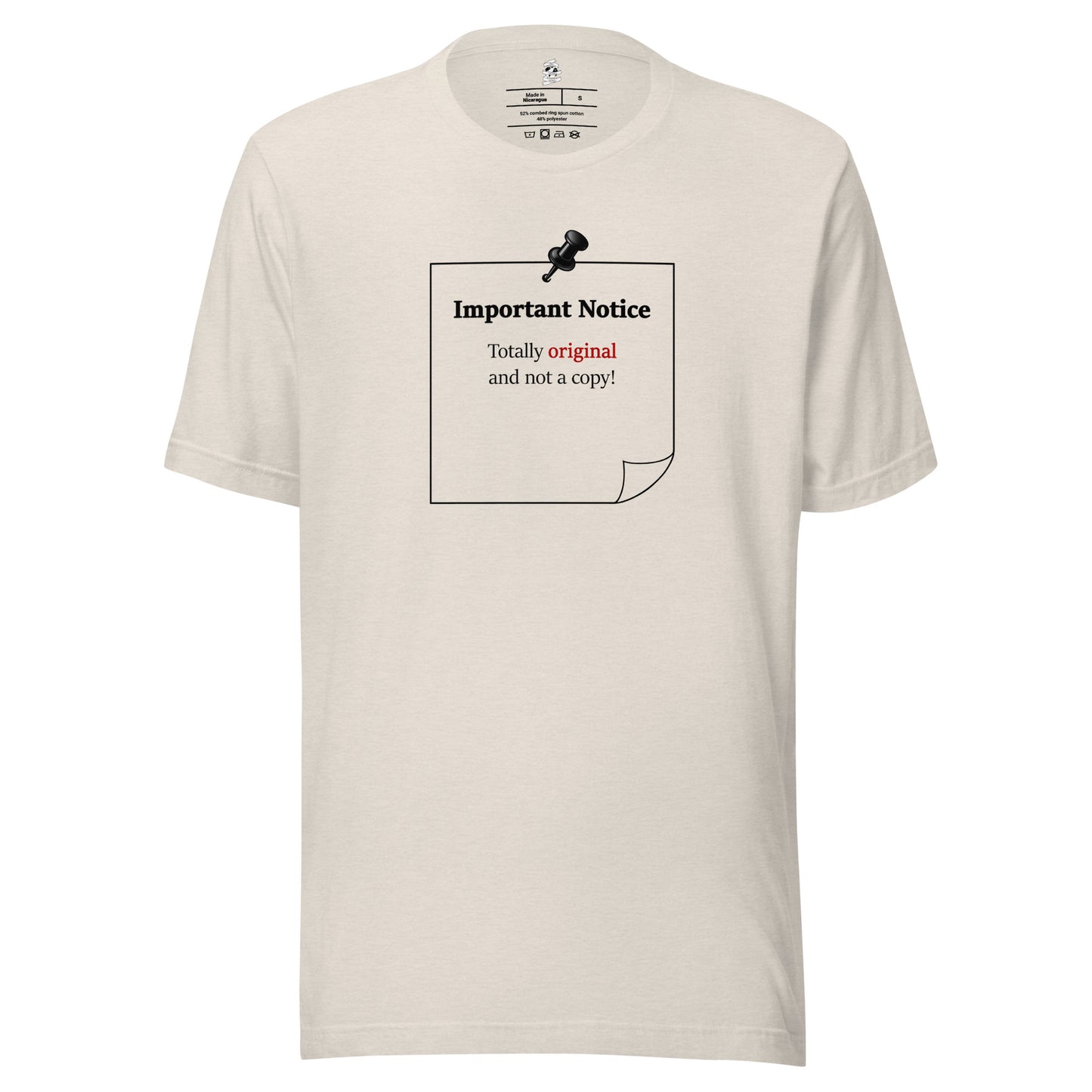 Heather dust unisex inspirational slogan T-shirt featuring pushpin graphic and pinned note with quote “Totally original and not a copy.”