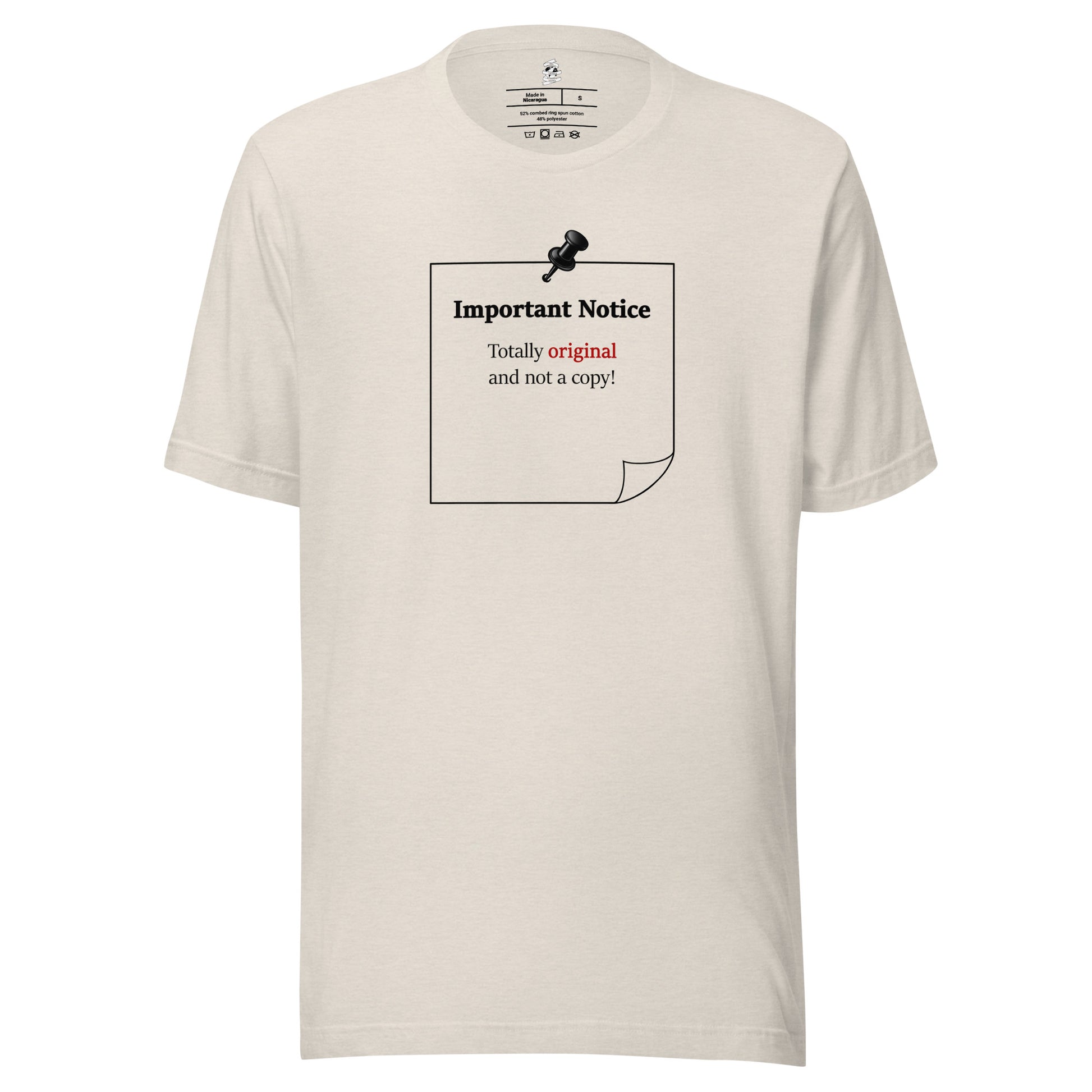 Heather dust unisex inspirational slogan T-shirt featuring pushpin graphic and pinned note with quote “Totally original and not a copy.”