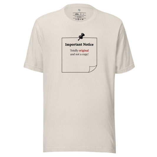 Heather dust unisex inspirational slogan T-shirt featuring pushpin graphic and pinned note with quote “Totally original and not a copy.”