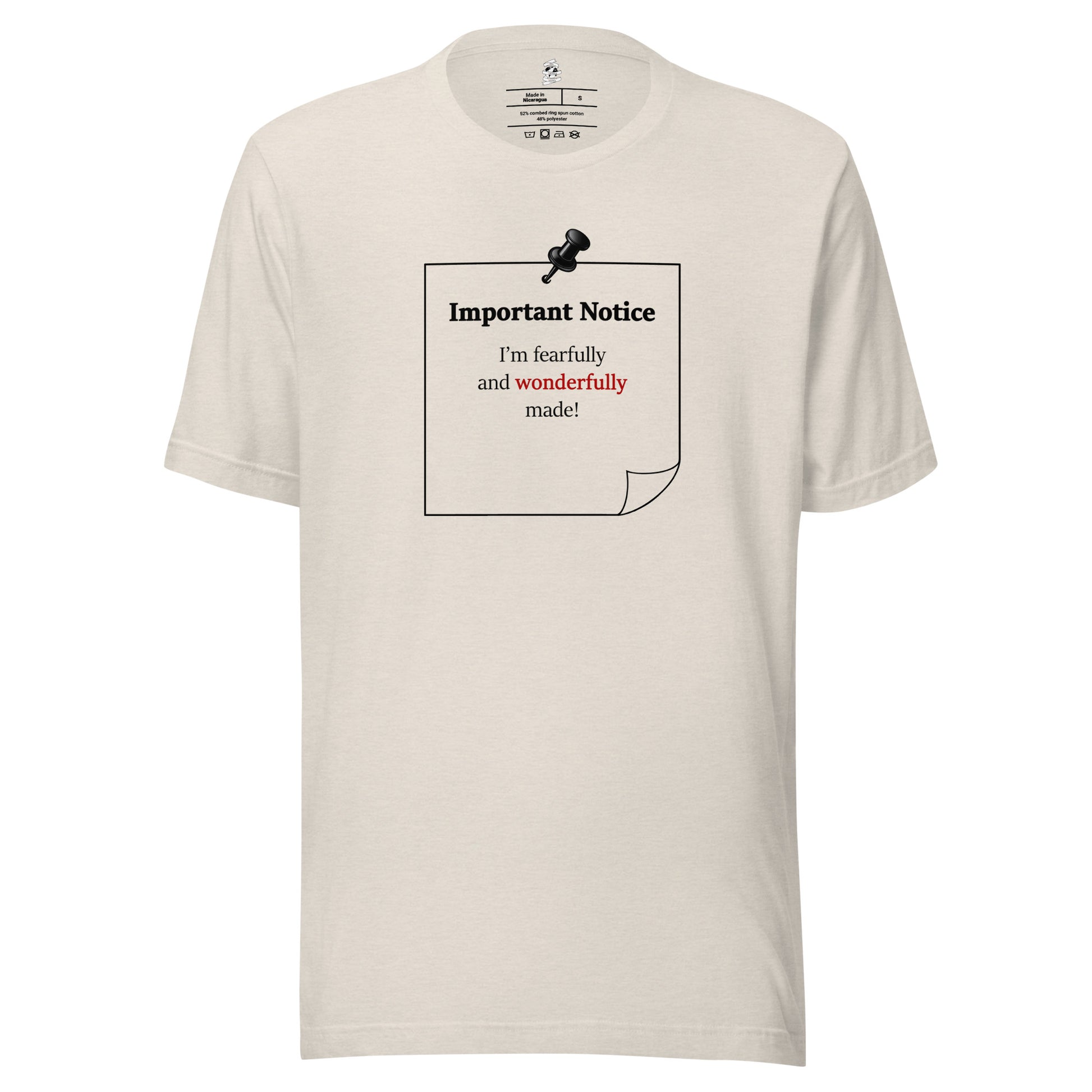 Heather dust unisex inspirational slogan T-shirt featuring pushpin graphic and pinned note with quote “I am fearfully and wonderfully made.”