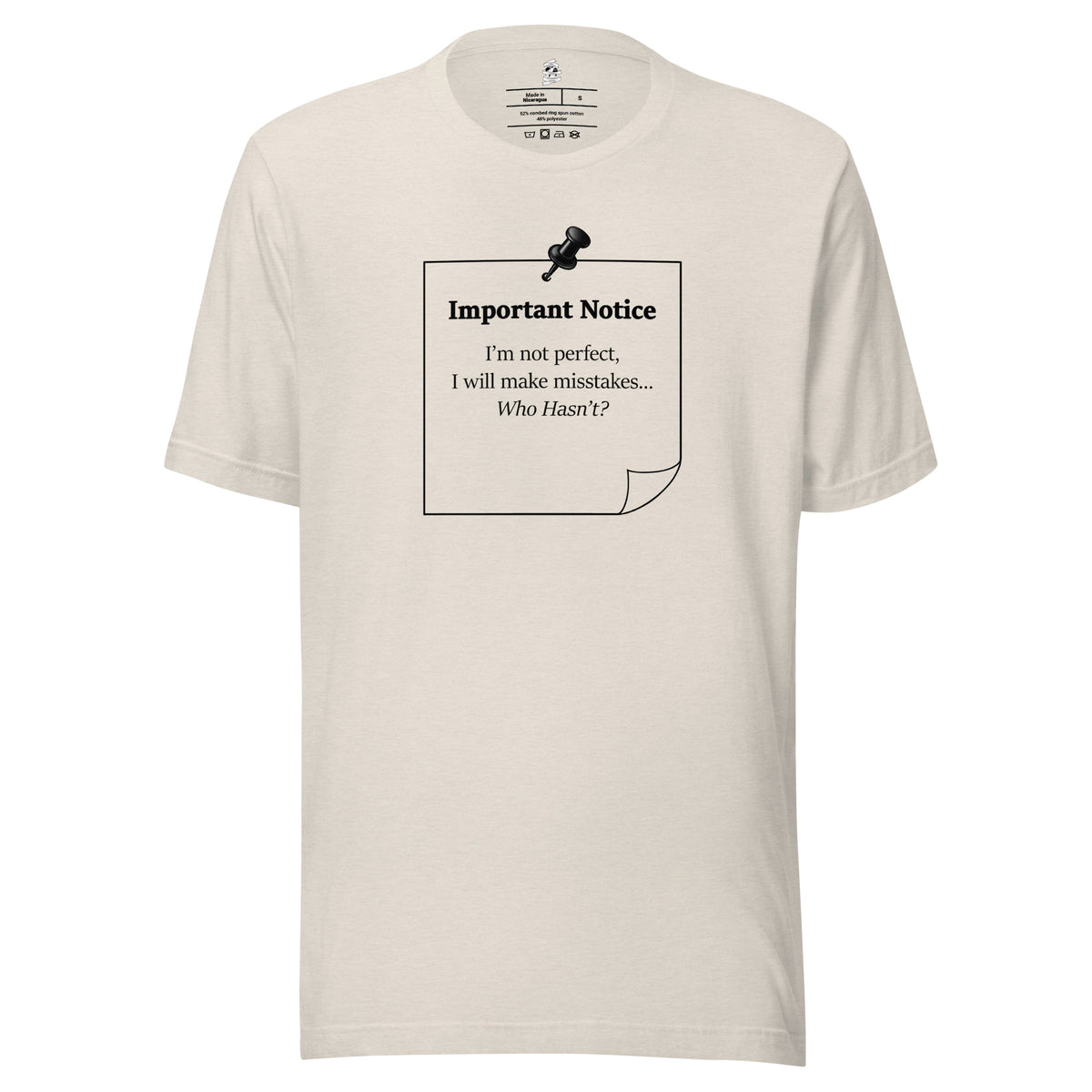 Heather prism dusty blue unisex inspirational slogan T-shirt featuring pushpin graphic and pinned note with quote “Important Notice: I’m not perfect, I will make mistakes., who hasn't?