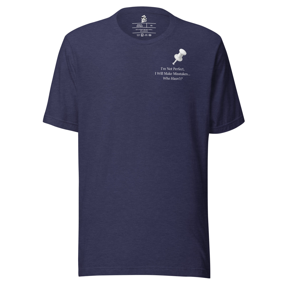 Heather midnight unisex inspirational slogan T-shirt featuring pushpin graphic design with quote “Important Notice: I’m not perfect, I will make mistakes.”