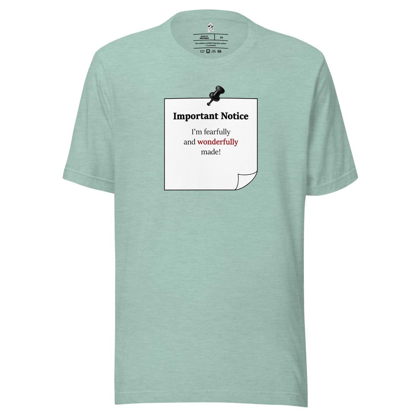 Heather prism dusty blue unisex motivational slogan T-shirt featuring pushpin graphic and pinned note with quote “Important Notice: “I am fearfully and wonderfully made, highlighting “wonderfully” In red.