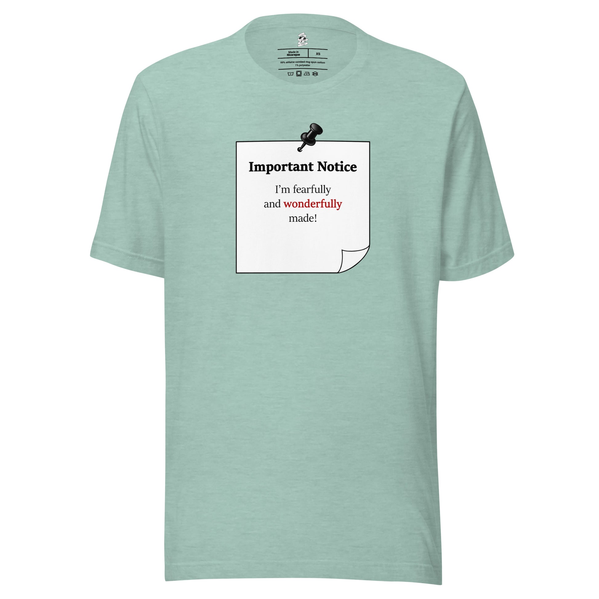 Heather prism dusty blue unisex motivational slogan T-shirt featuring pushpin graphic and pinned note with quote “Important Notice: “I am fearfully and wonderfully made, highlighting “wonderfully” In red.